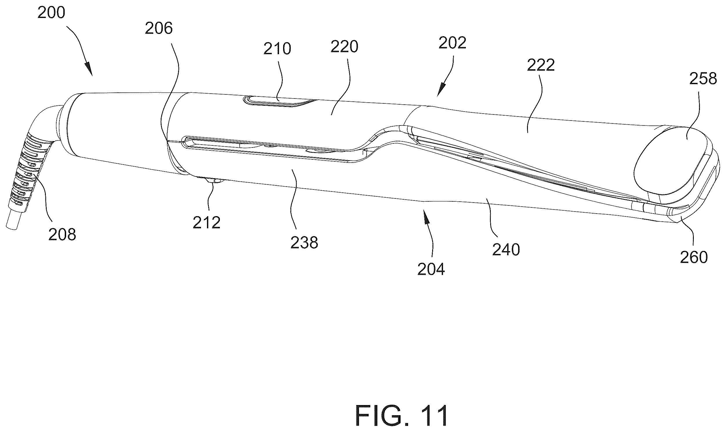 Patent US12396538 Figure 11 – Hair styler including hinged arms having twisted hair contact surfaces