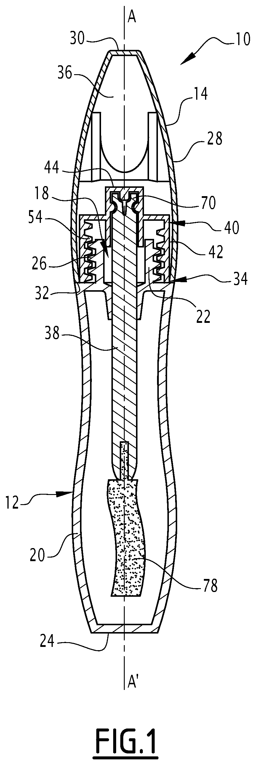 Patent US12396543 — Cosmetic product applicator, cosmetic product packaging assembly and associated manufacturing processes — Figure 1