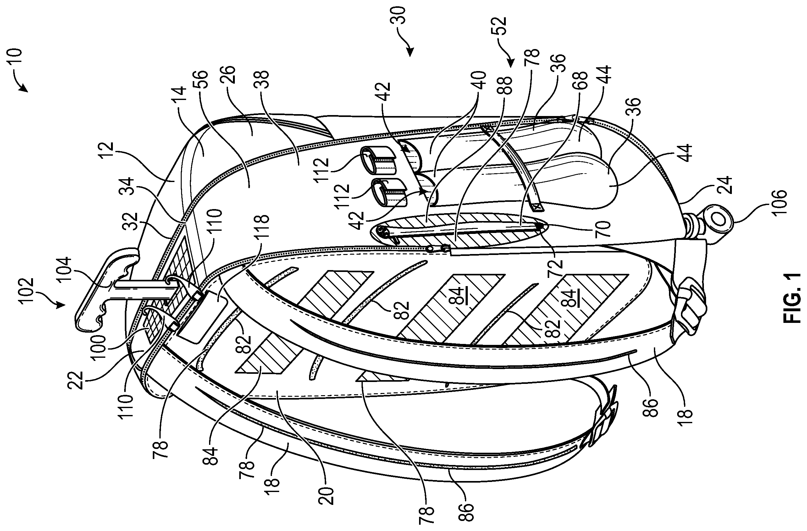 Patent US12396546 Figure 1 – Backpack with heating and cooling elements