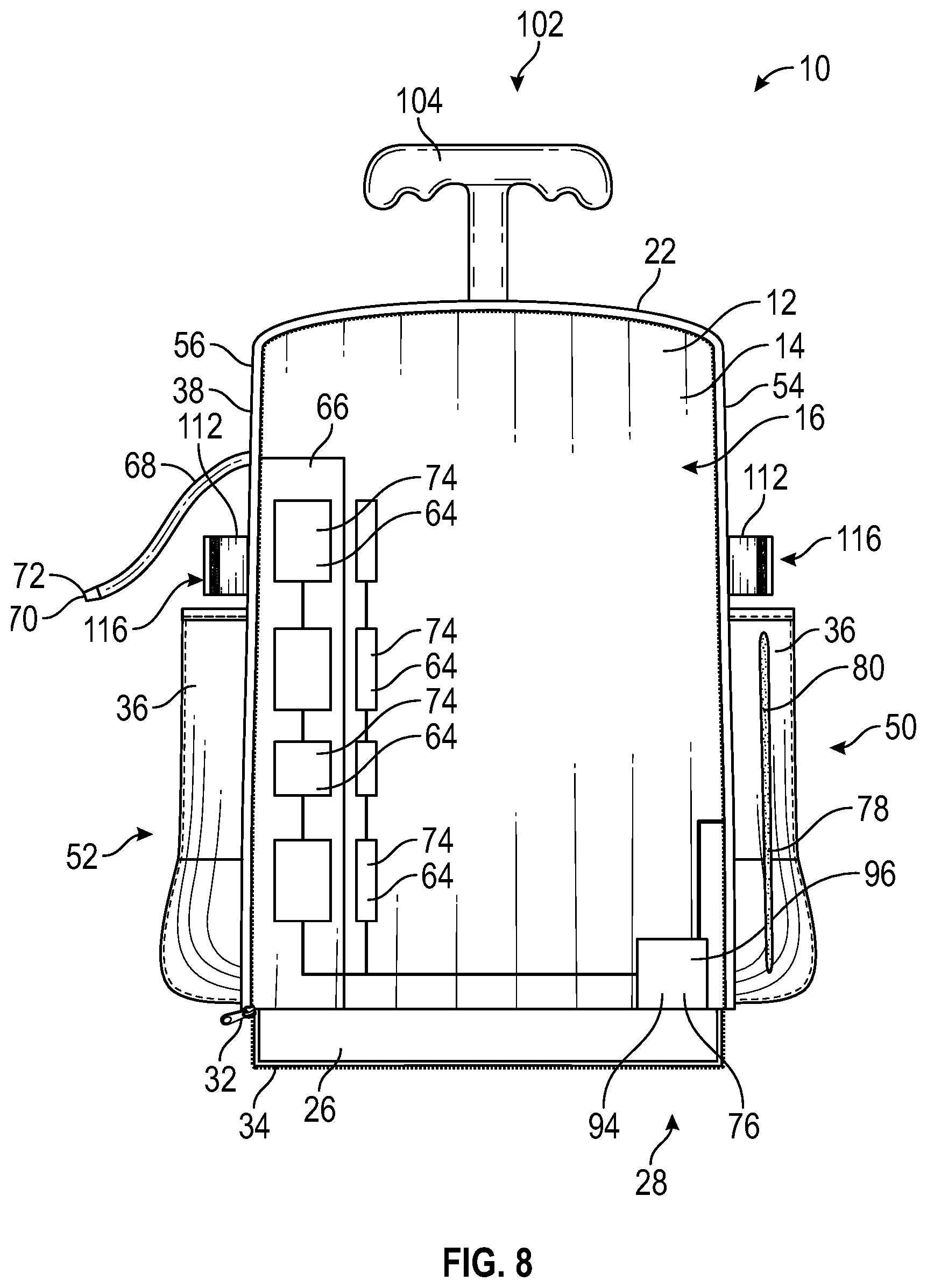 Patent US12396546 Figure 8 – Backpack with heating and cooling elements
