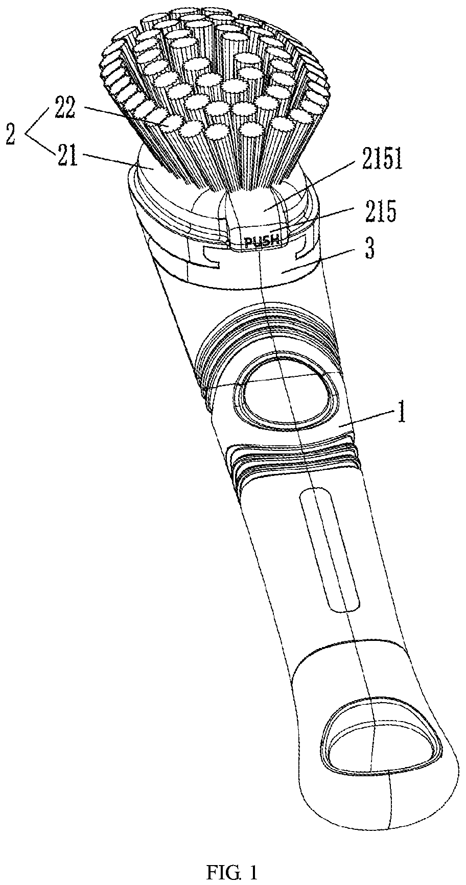 Patent US12396548 Figure 1 – Brush head mounting structure of liquid spraying brush