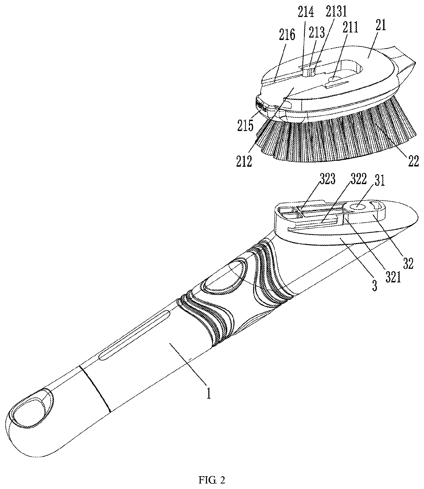 Patent US12396548 Figure 2 – Brush head mounting structure of liquid spraying brush