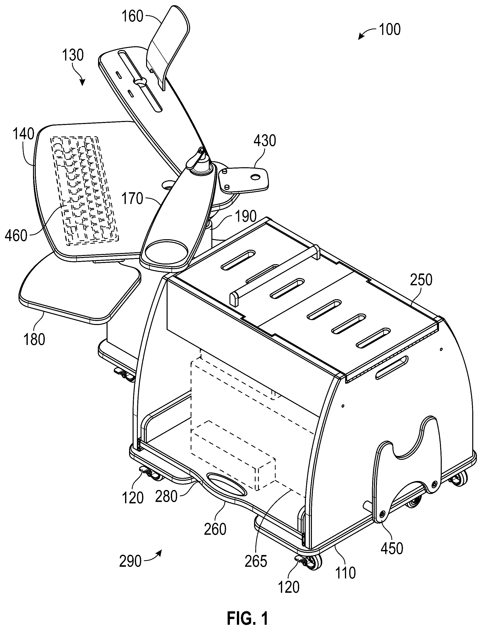 Patent US12396552 — Modular transforming trolley with adjustable axle mechanism for office use — Figure 1