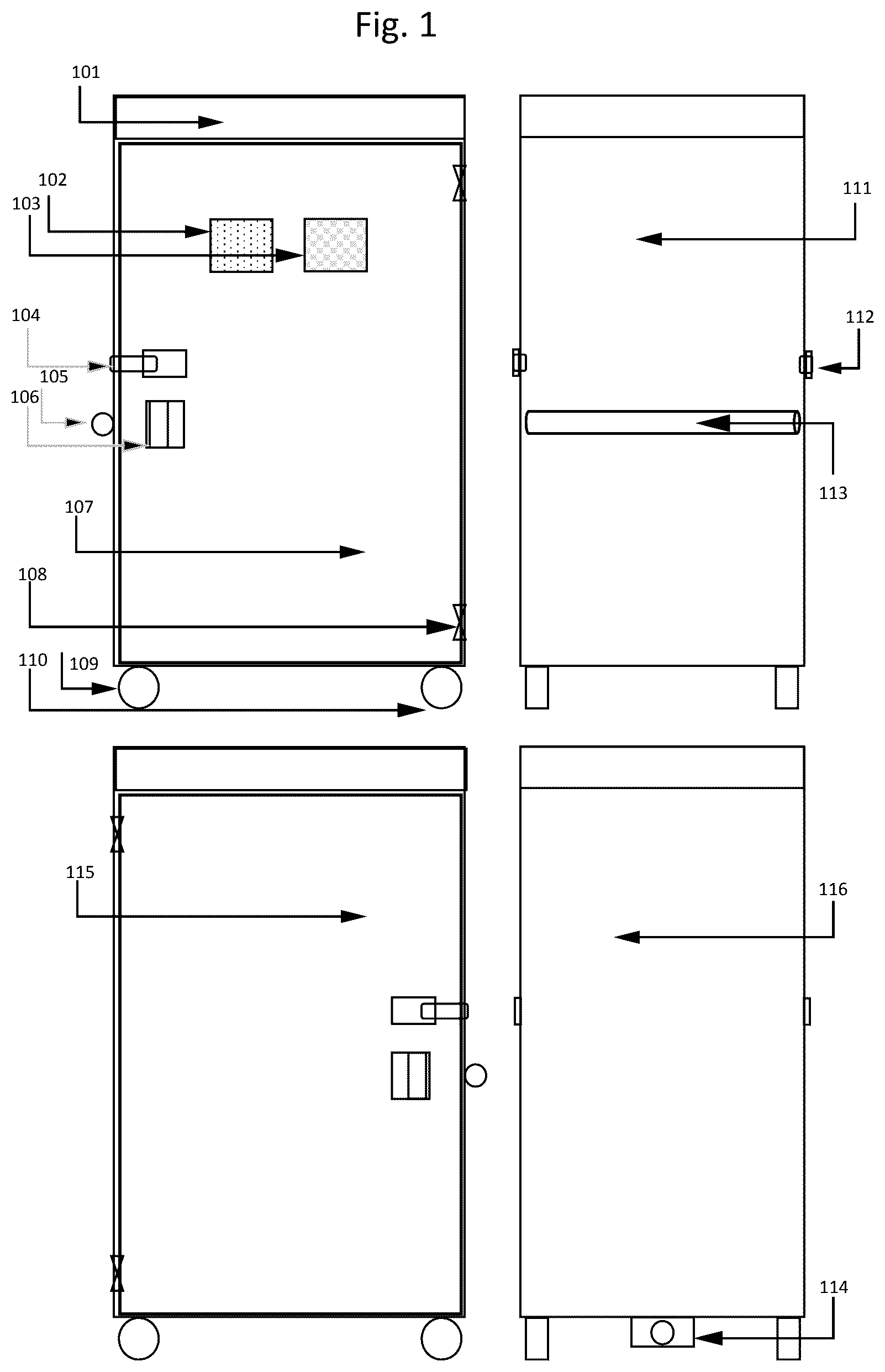 Patent US12396554 Figure 1 – Equipment disinfection cabinet