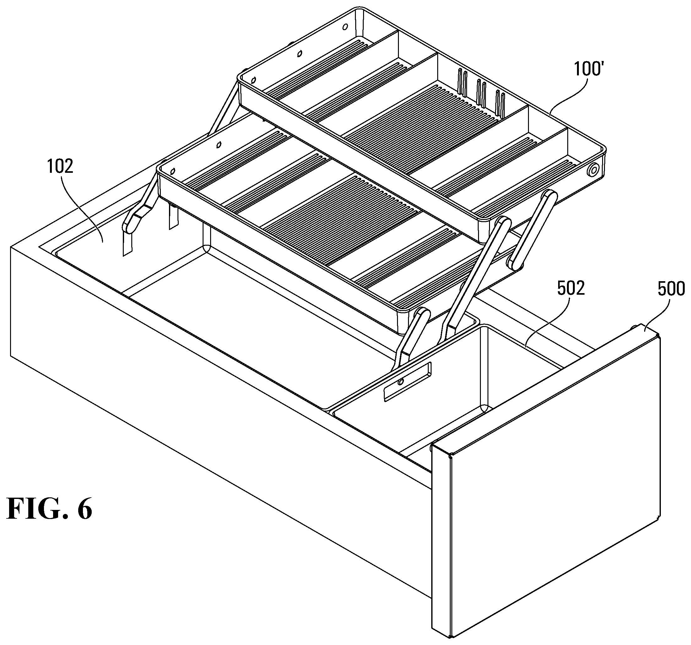 Patent US12396555 Figure 6 – Vanity fold-out organizer