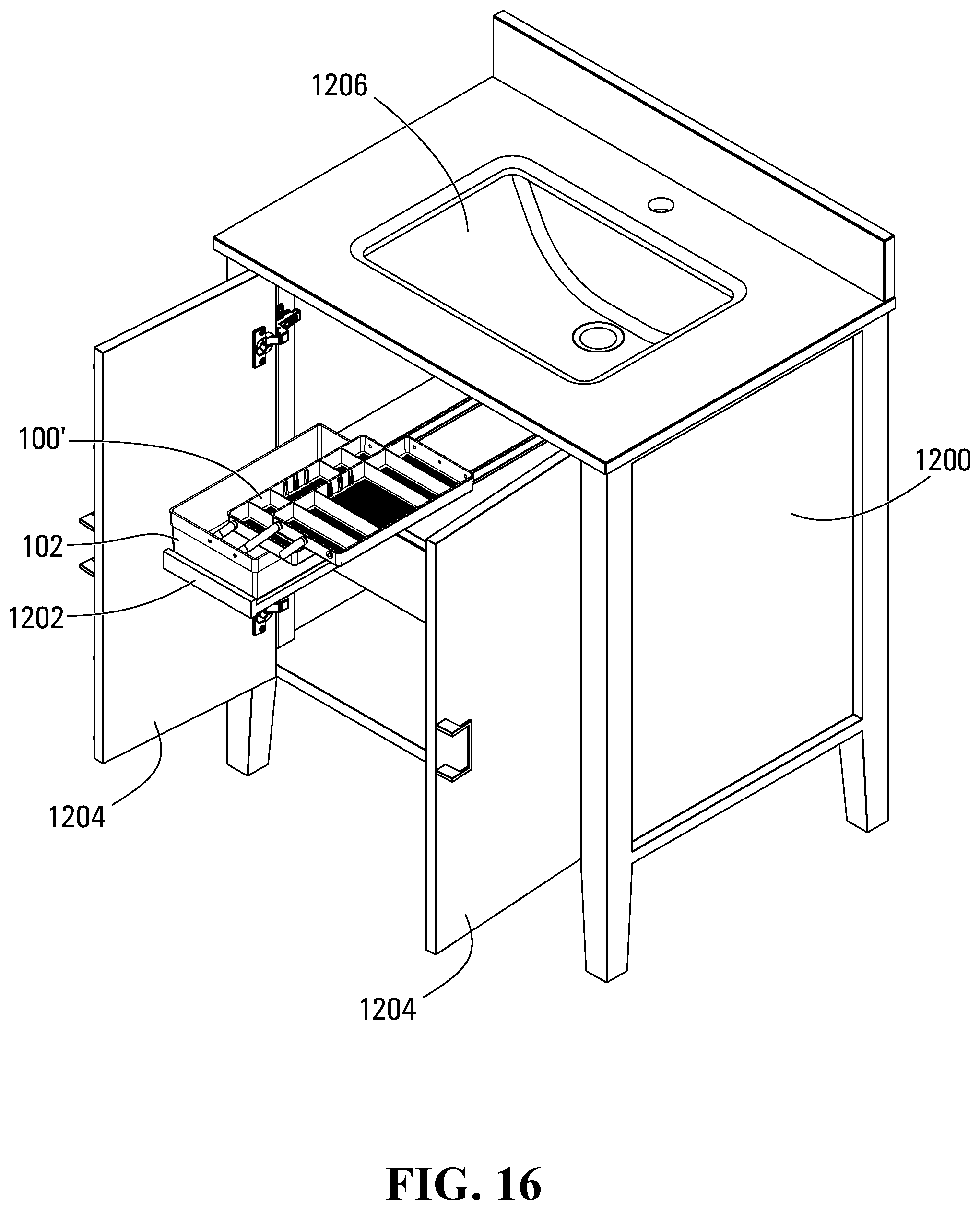 Patent US12396555 Figure 14 – Vanity fold-out organizer