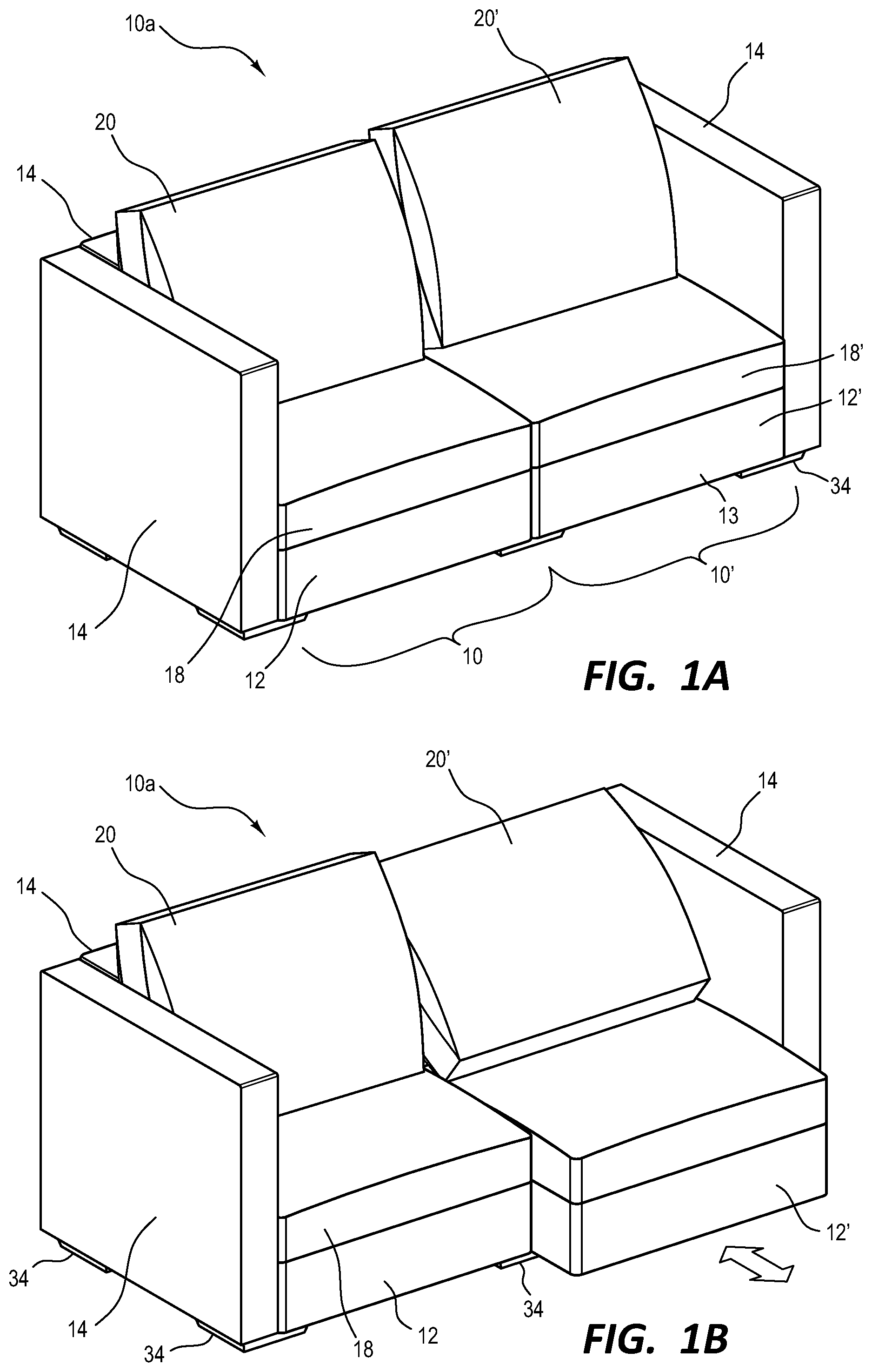 Patent US12396557 Figure 1 – Modular furniture and reclining assemblies