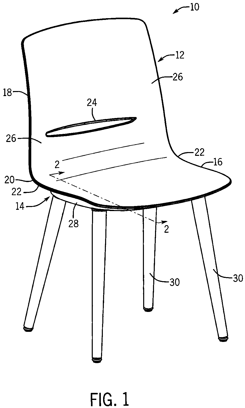 Patent US12396563 Figure 1 – Flexing chair shell with flexible elements