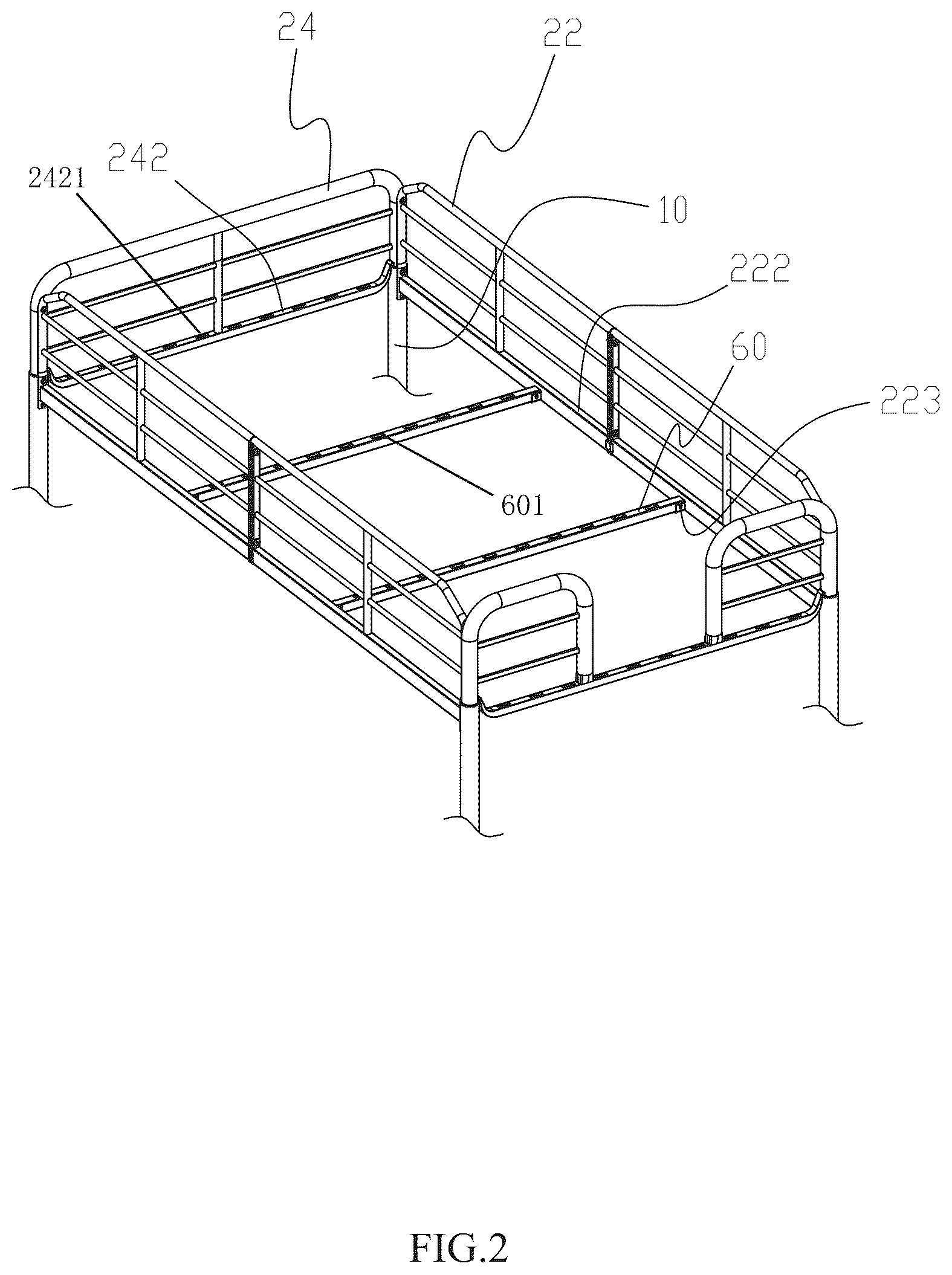 Patent US12396568 Figure 2 – Assembly structure for bed column and bed guard