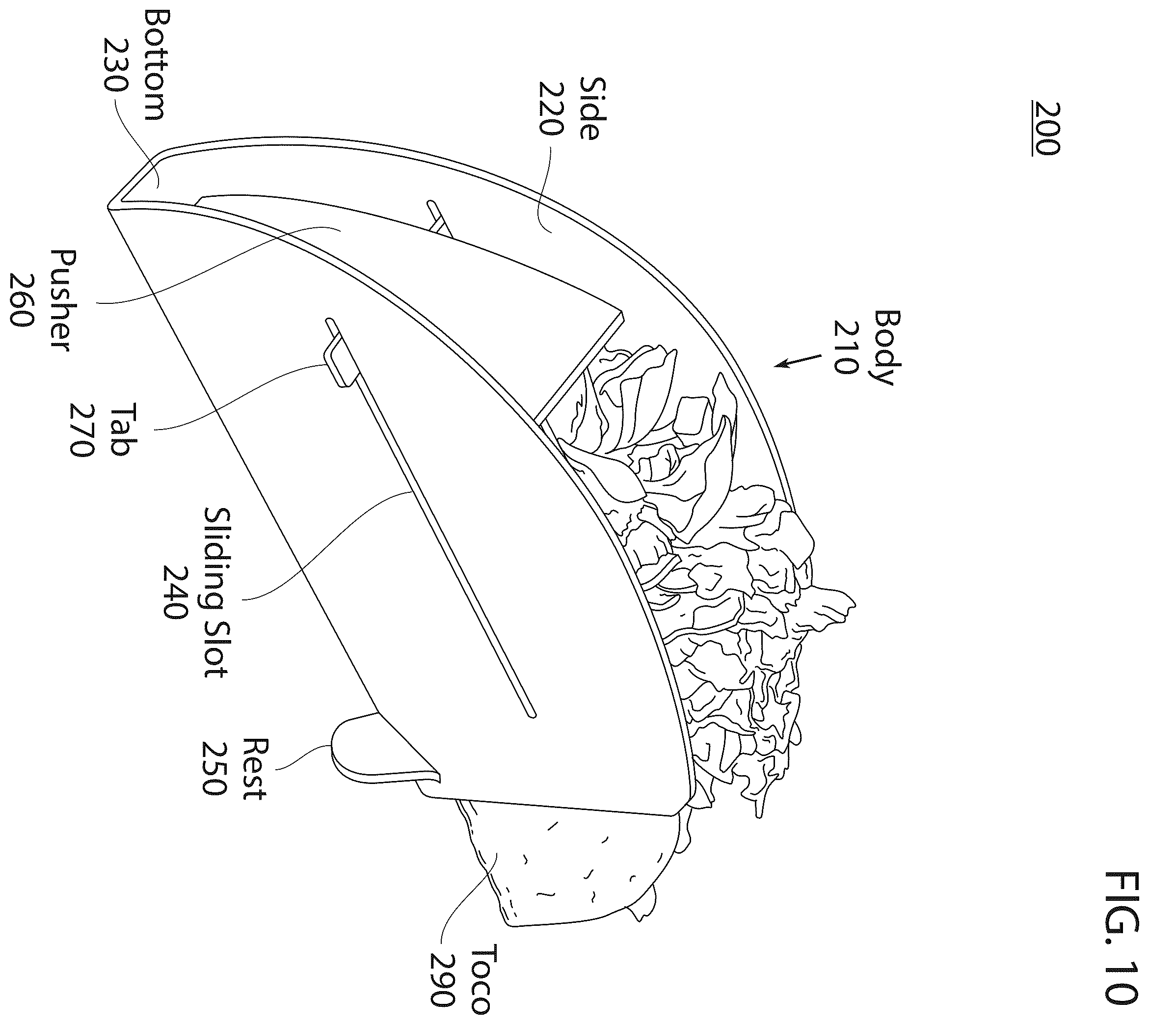 Patent US12396581 Figure 10 – Taco holder