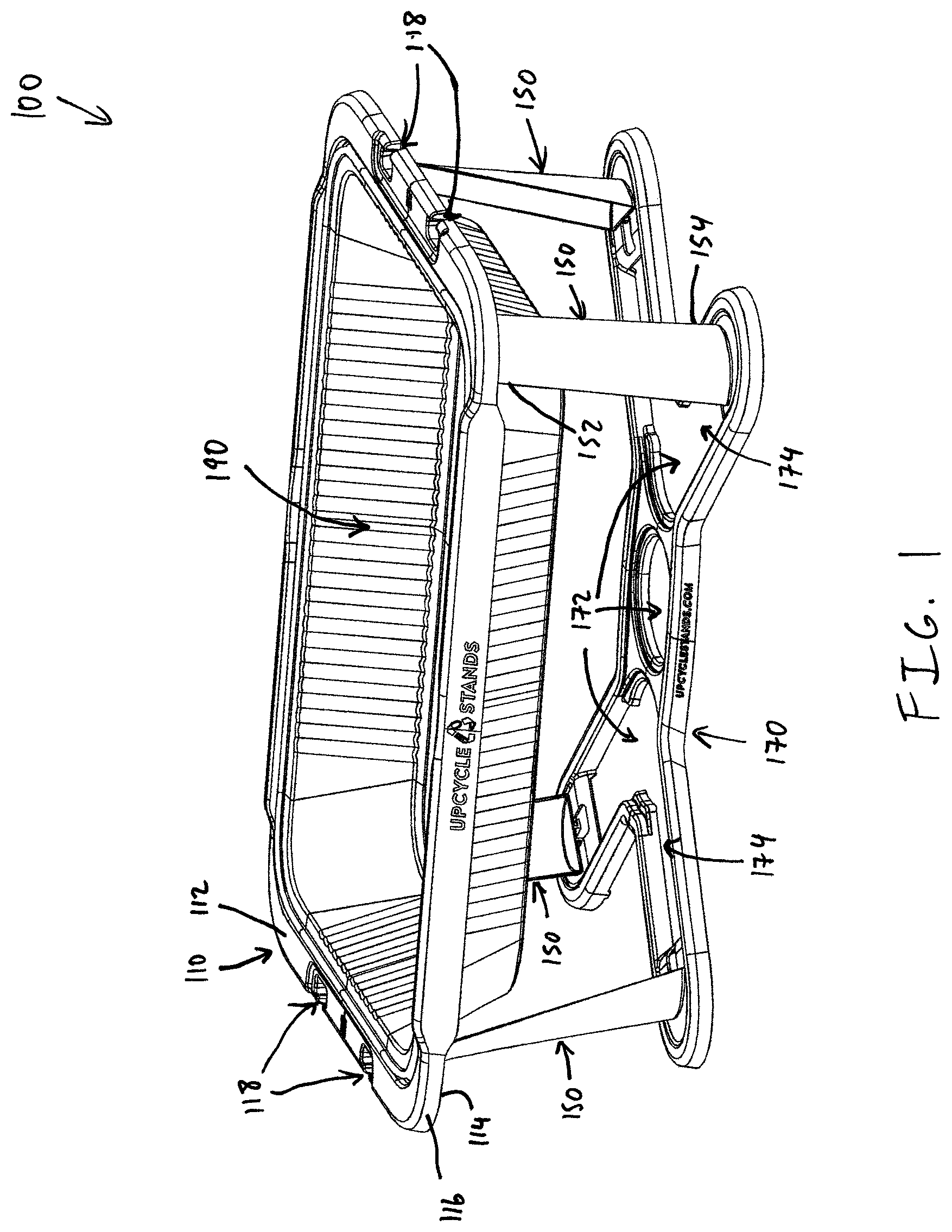 Patent US12396592 Figure 1 – Food tray chafing stand with hinging legs