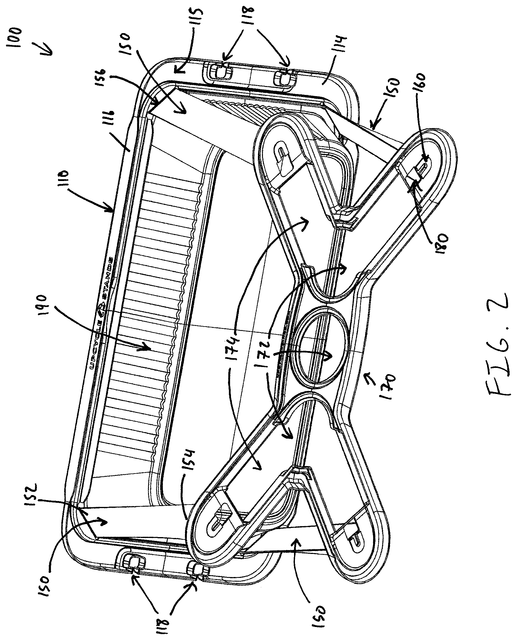 Patent US12396592 Figure 2 – Food tray chafing stand with hinging legs