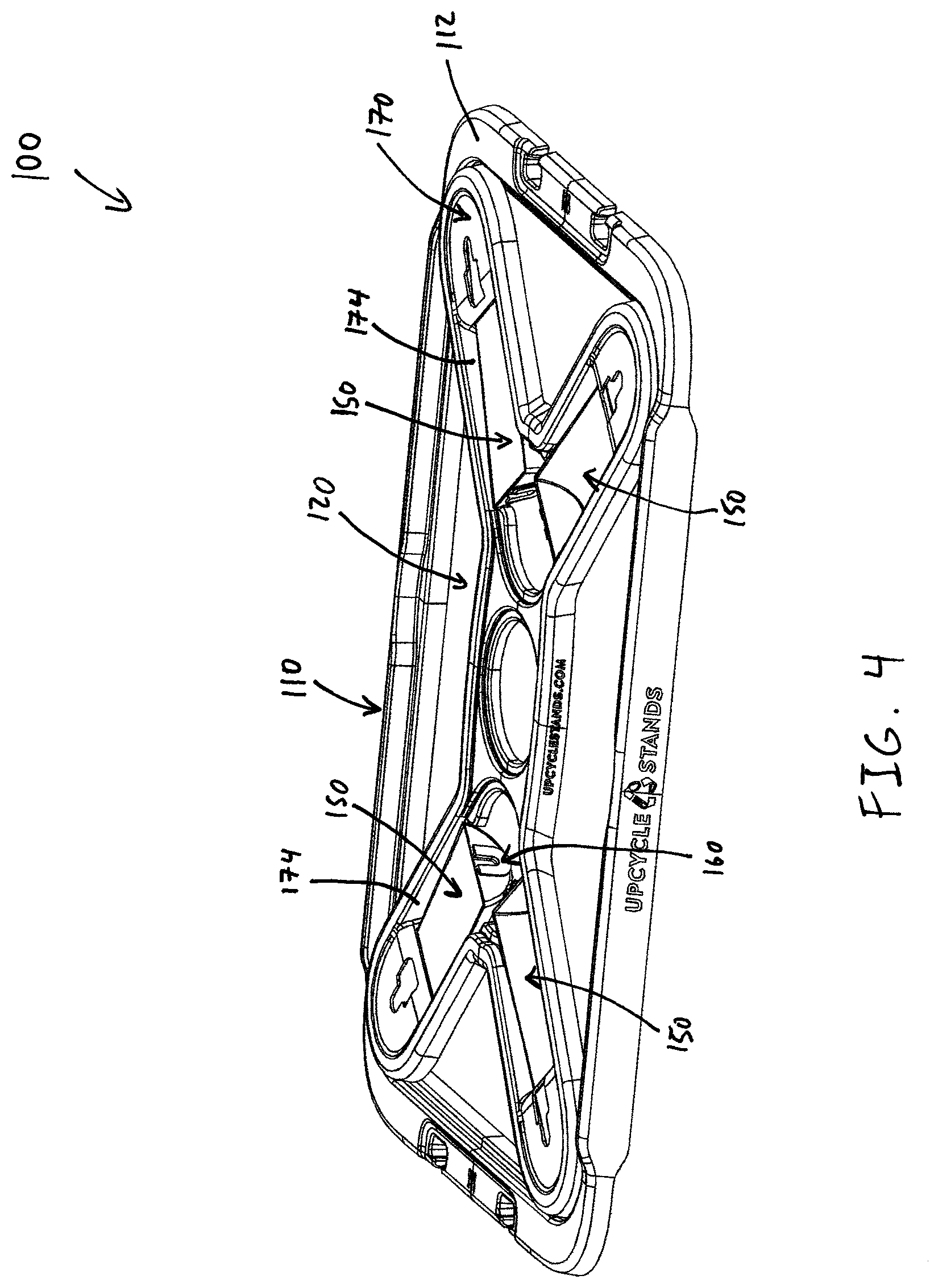 Patent US12396592 Figure 4 – Food tray chafing stand with hinging legs