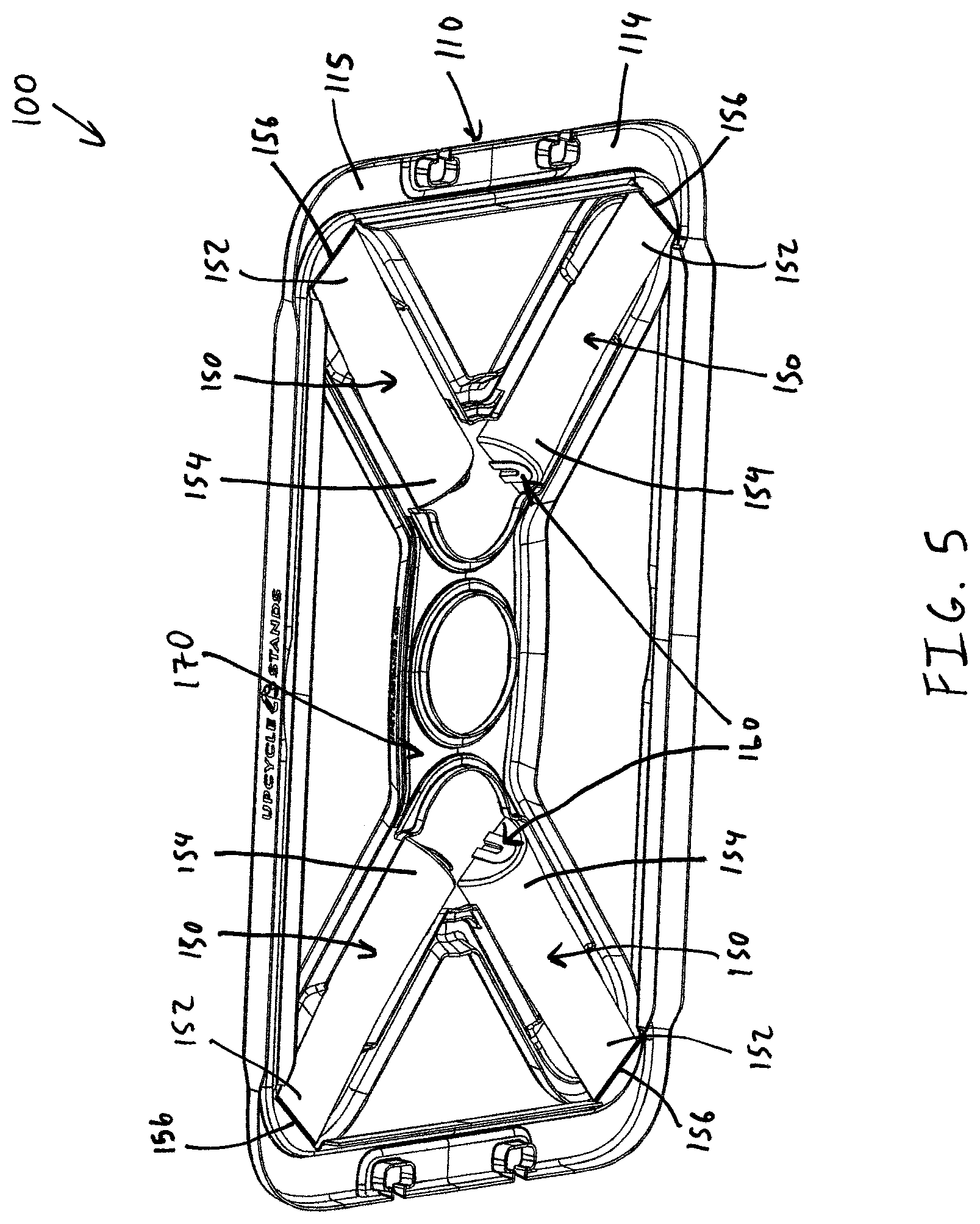 Patent US12396592 Figure 5 – Food tray chafing stand with hinging legs