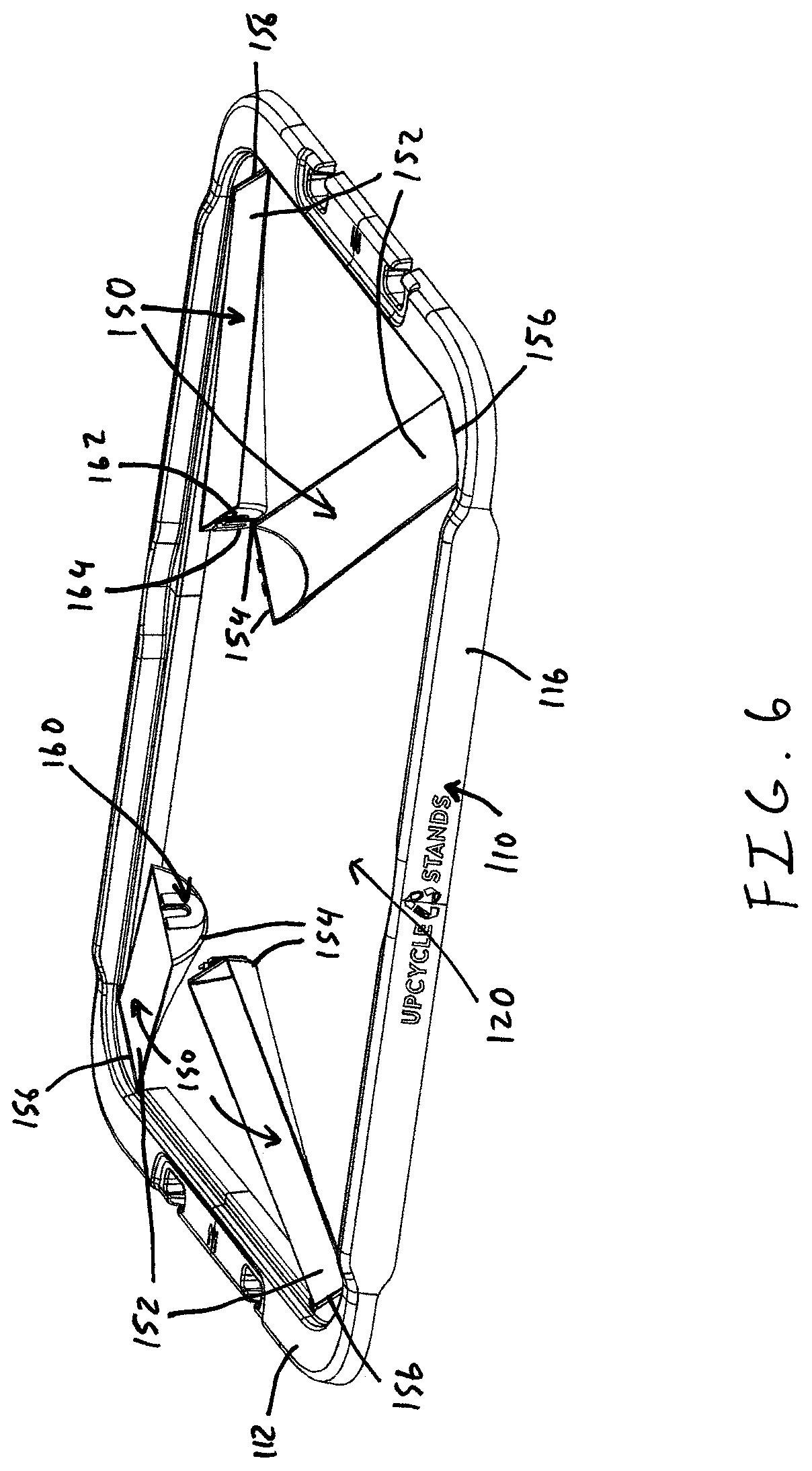Patent US12396592 Figure 6 – Food tray chafing stand with hinging legs