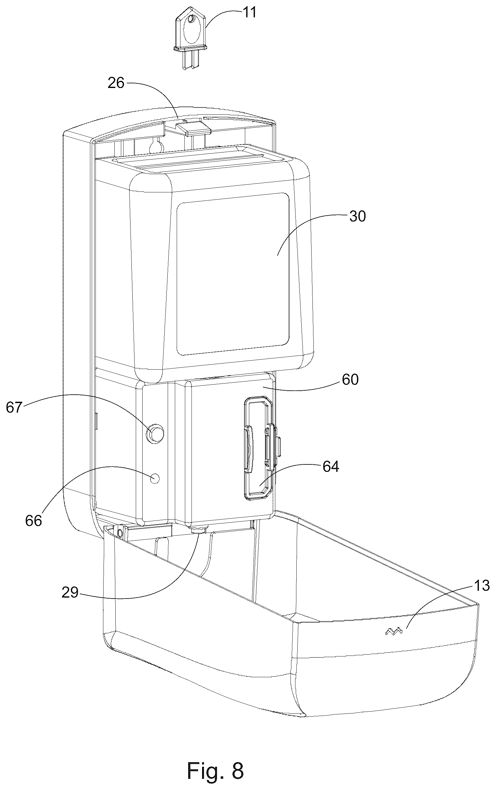 Patent US12396599 Figure 5 – Wall mount dispenser