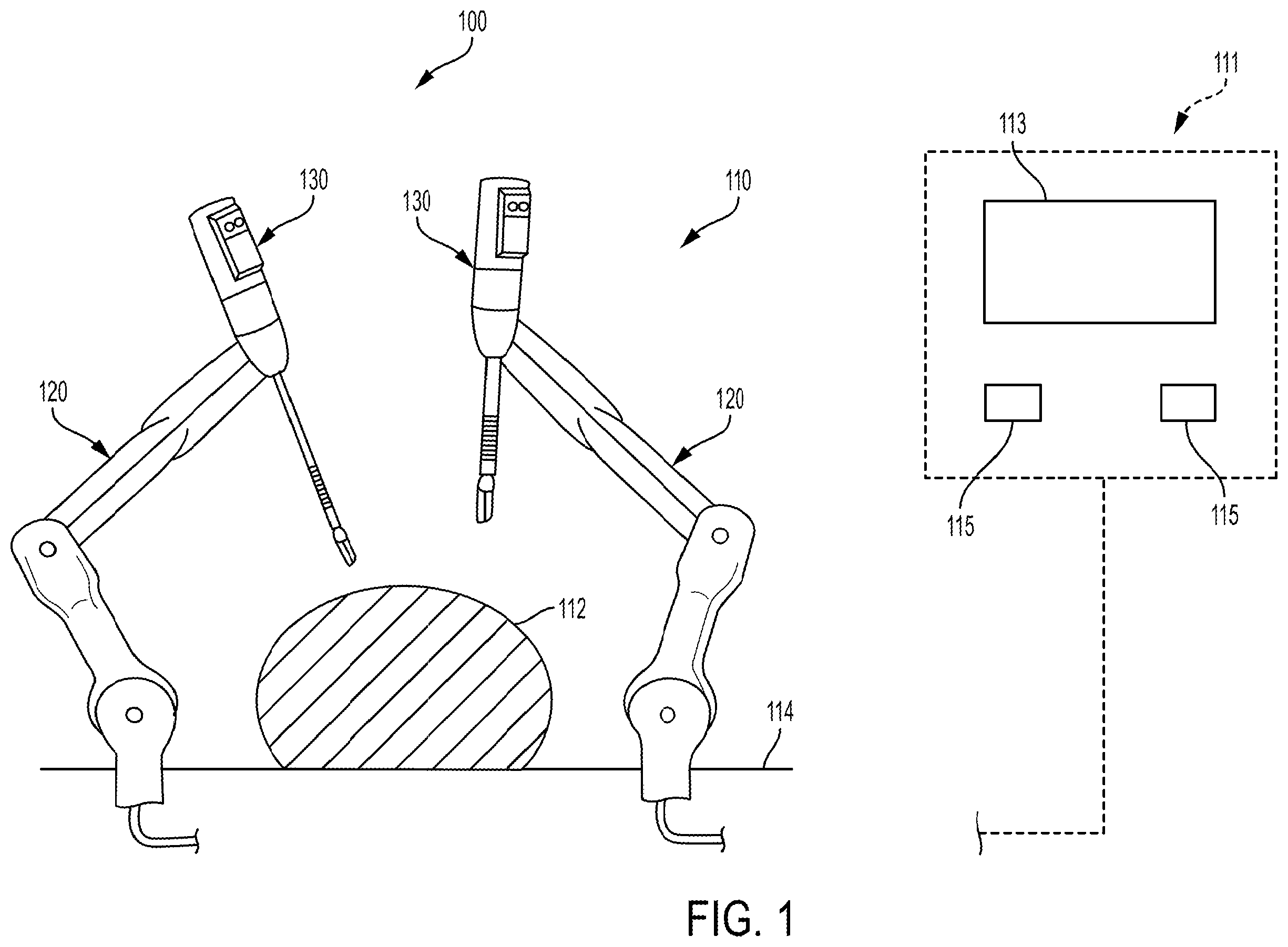 Patent US12396631 Figure 1 – Robotic surgical system with virtual control panel for tool actuation