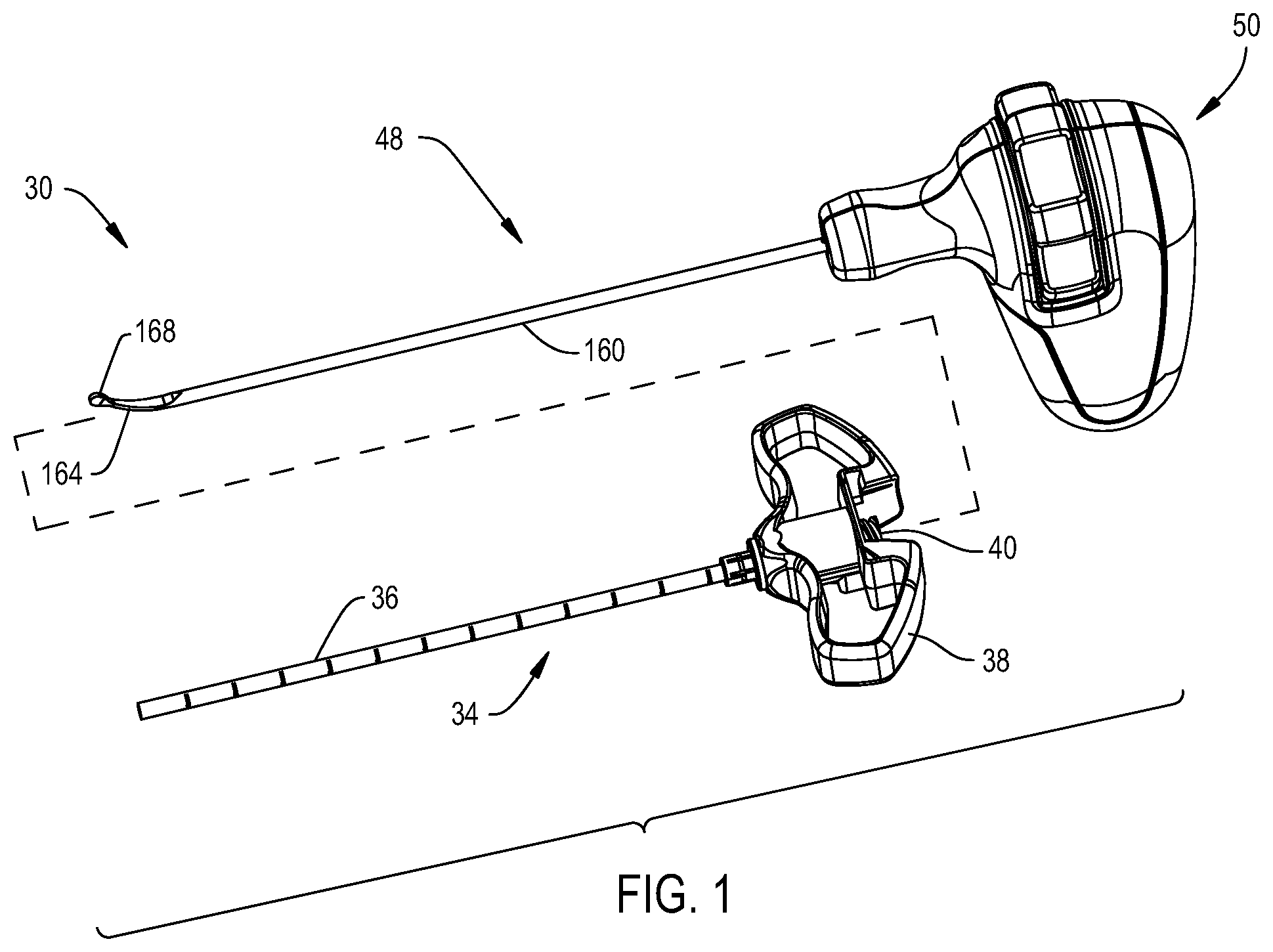 Patent US12396738 Figure 1 – Device including steering cables for creating a cavity or a channel in bone