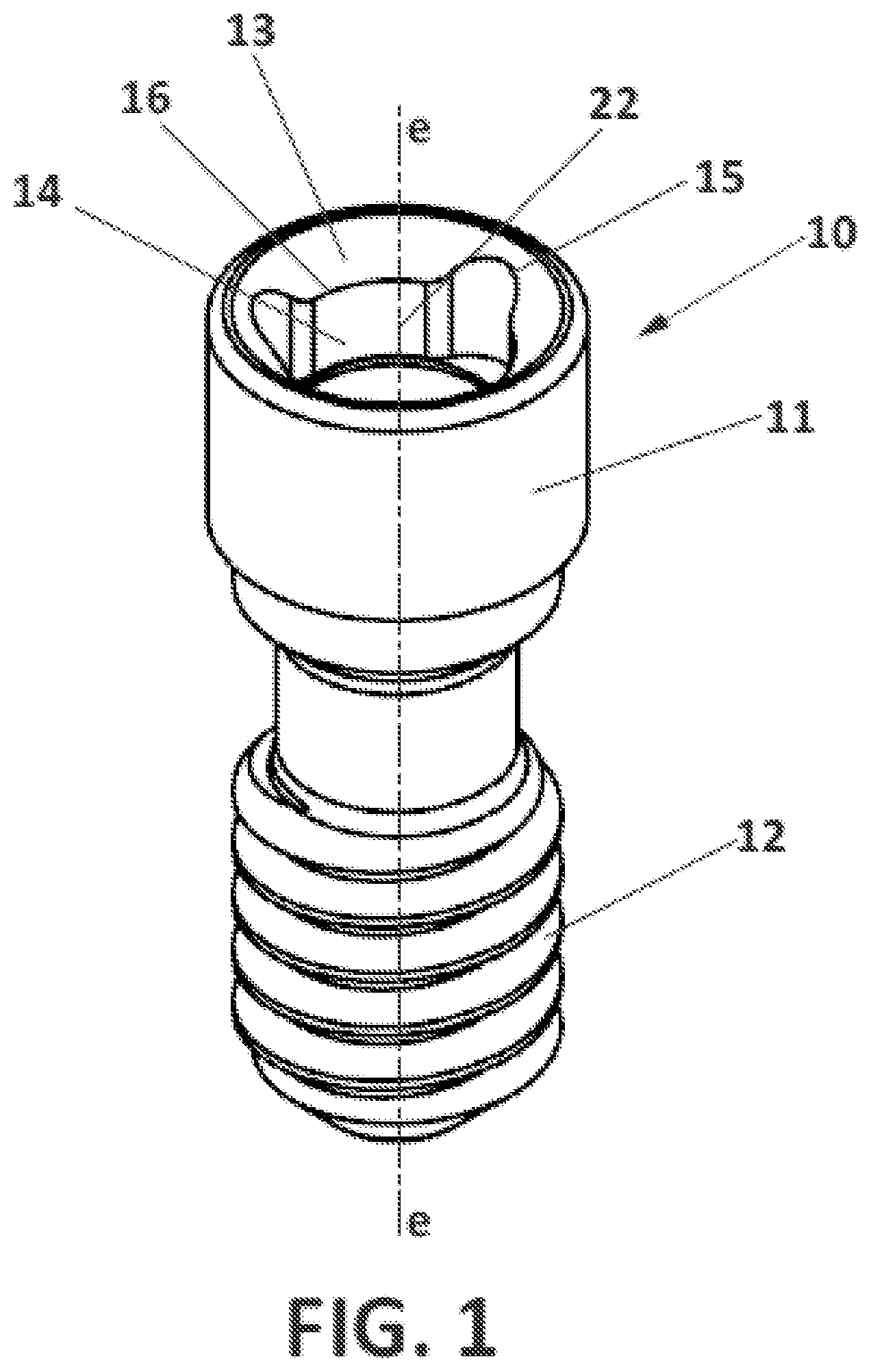 Patent US12396827 Figure 1 – Prosthetic dental screw implant, tightening tool and coupling system between the two