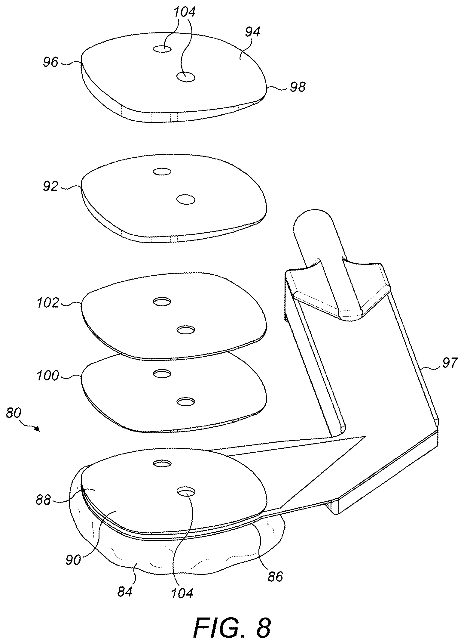 Patent US12396859 Figure 5 – Trial patella component kit