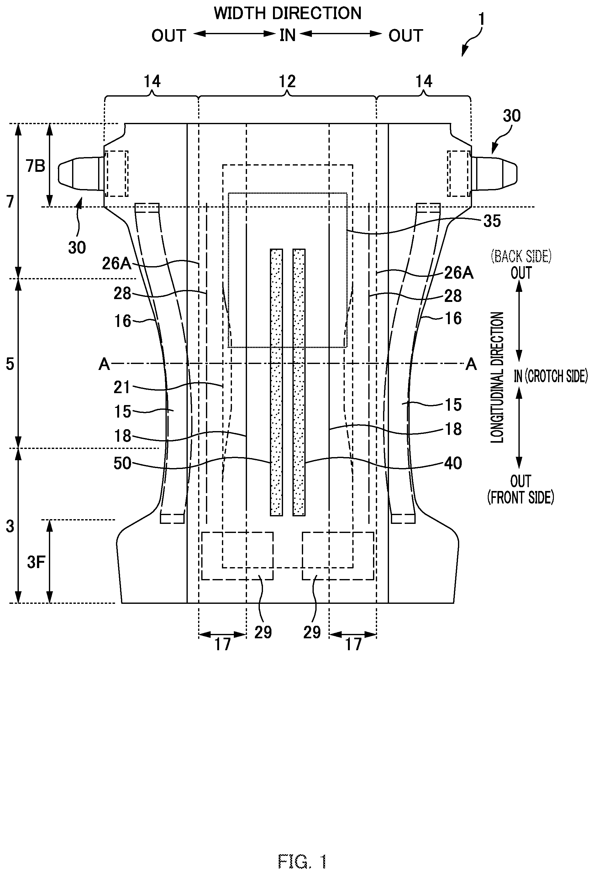 Patent US12396899 Figure 1 – Absorbent product provided with feces indicator and urine indicator