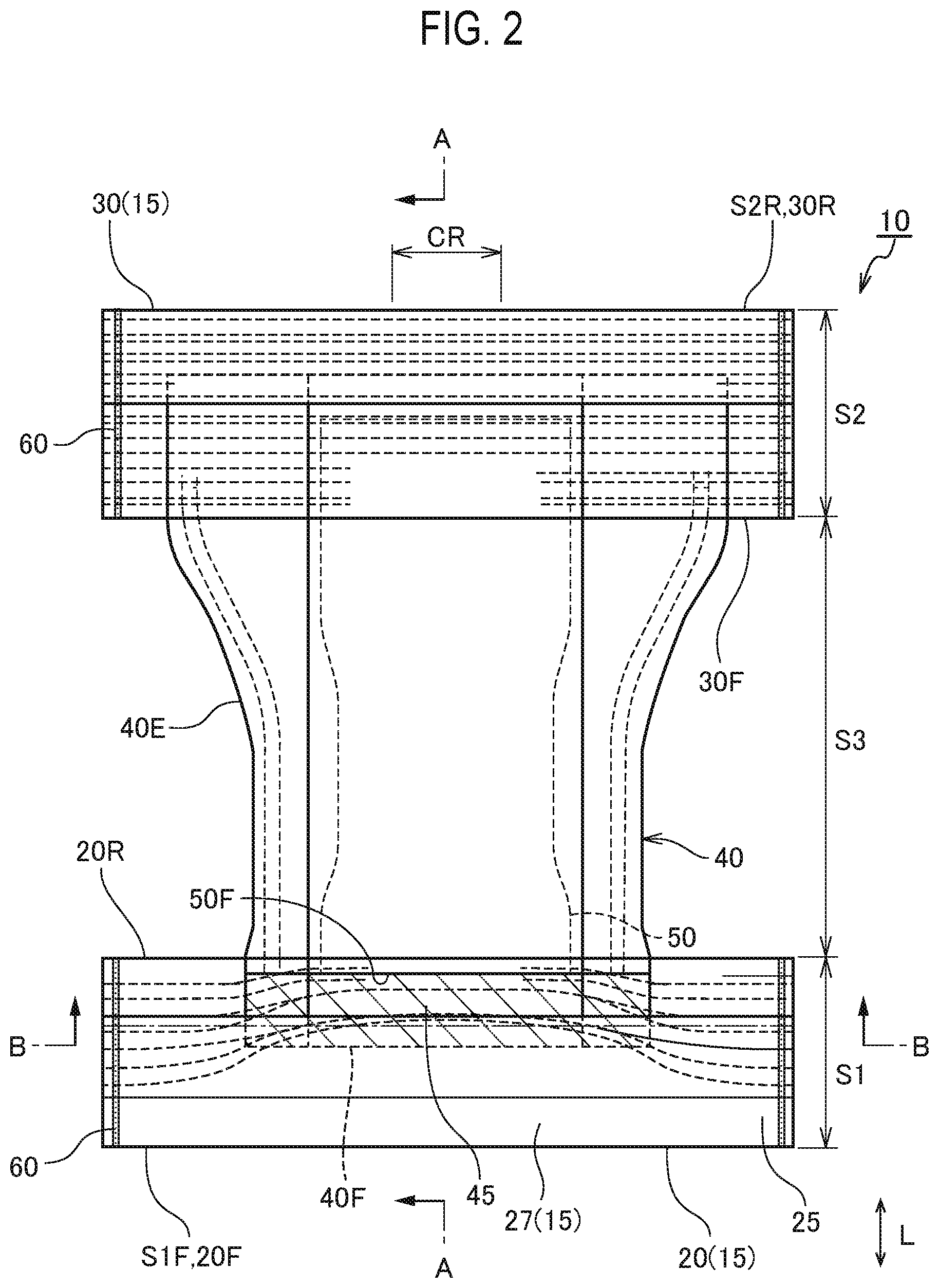 Patent US12396902 Figure 2 – Absorbent article including absorbent body and front exterior body disposed in front waistline region on non-skin surface side of absorbent body