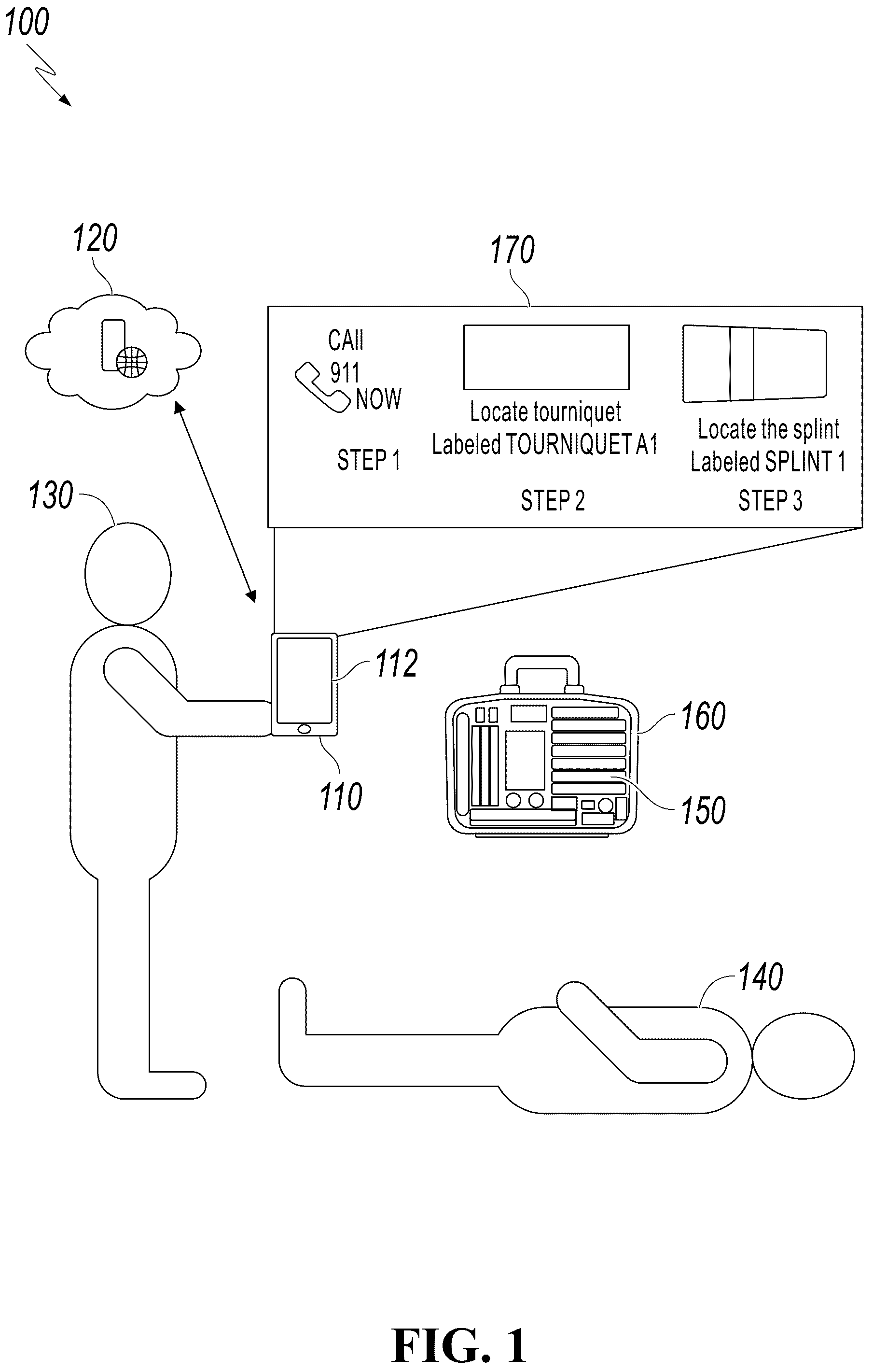 Patent US12396905 Figure 1 – Interactive query flows using portable medical treatment and guidance apparatuses