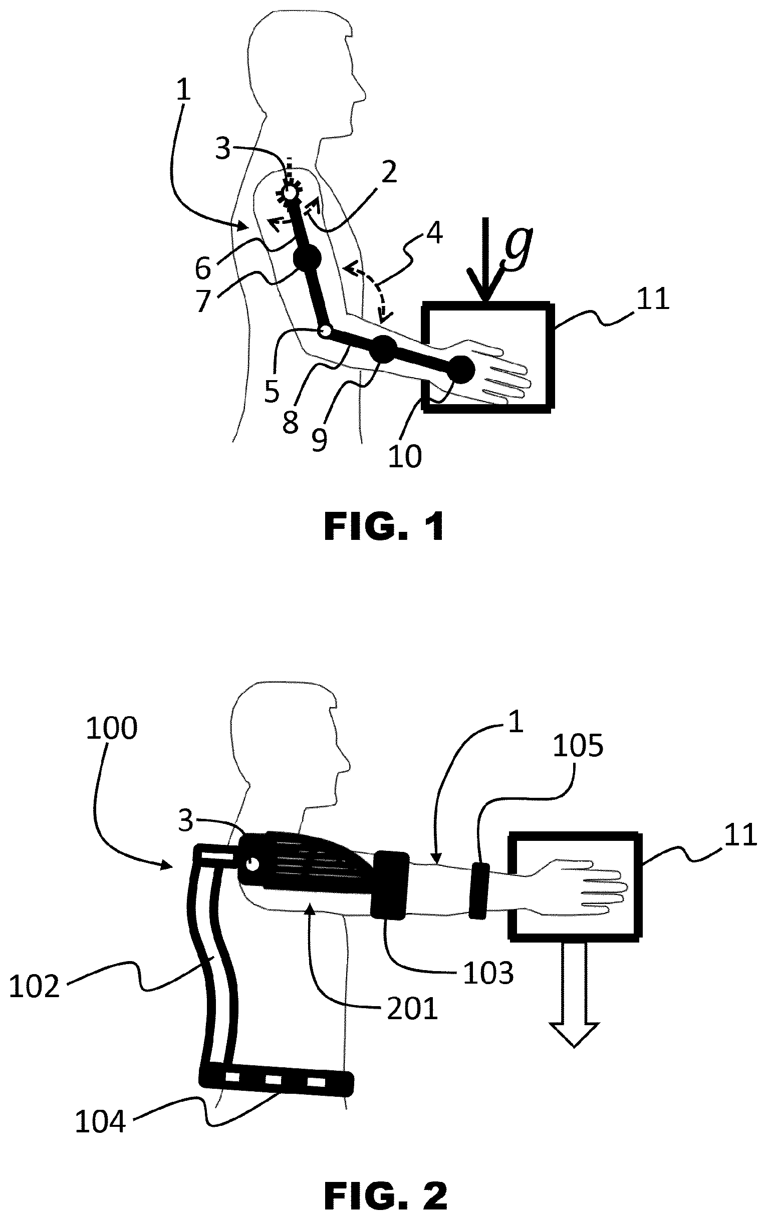 Patent US12396912 Figure 1 – Load compensation device, in particular of gravitational loads, applicable to exoskeletons