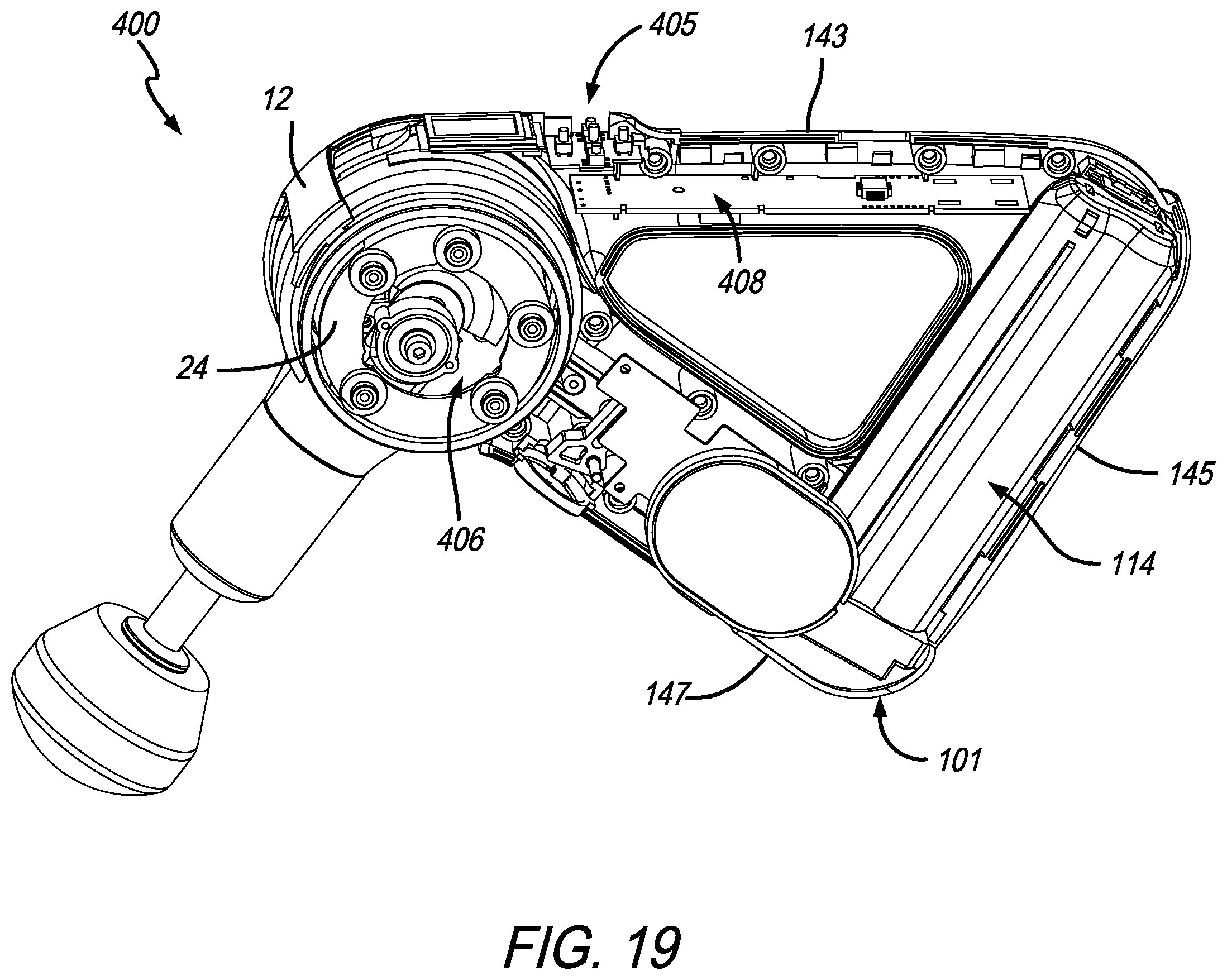 Patent US12396919 Figure 16 – Percussive therapy device with electrically connected attachment