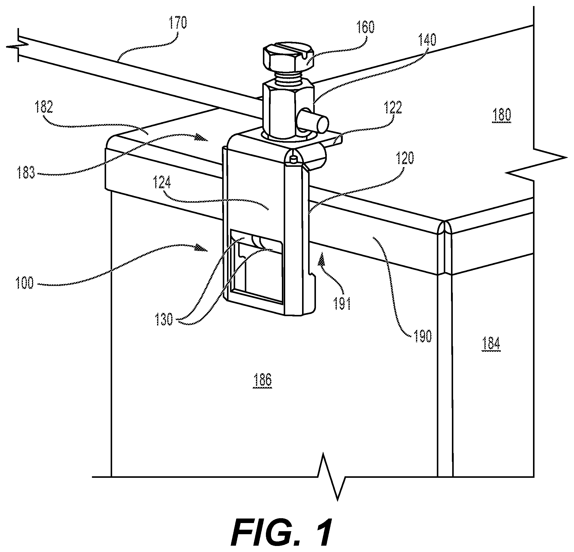 Patent US12401141 Figure 1 – Meter box ground clamp configured to prevent the clamp from moving off the meter box in response to a tightening torque