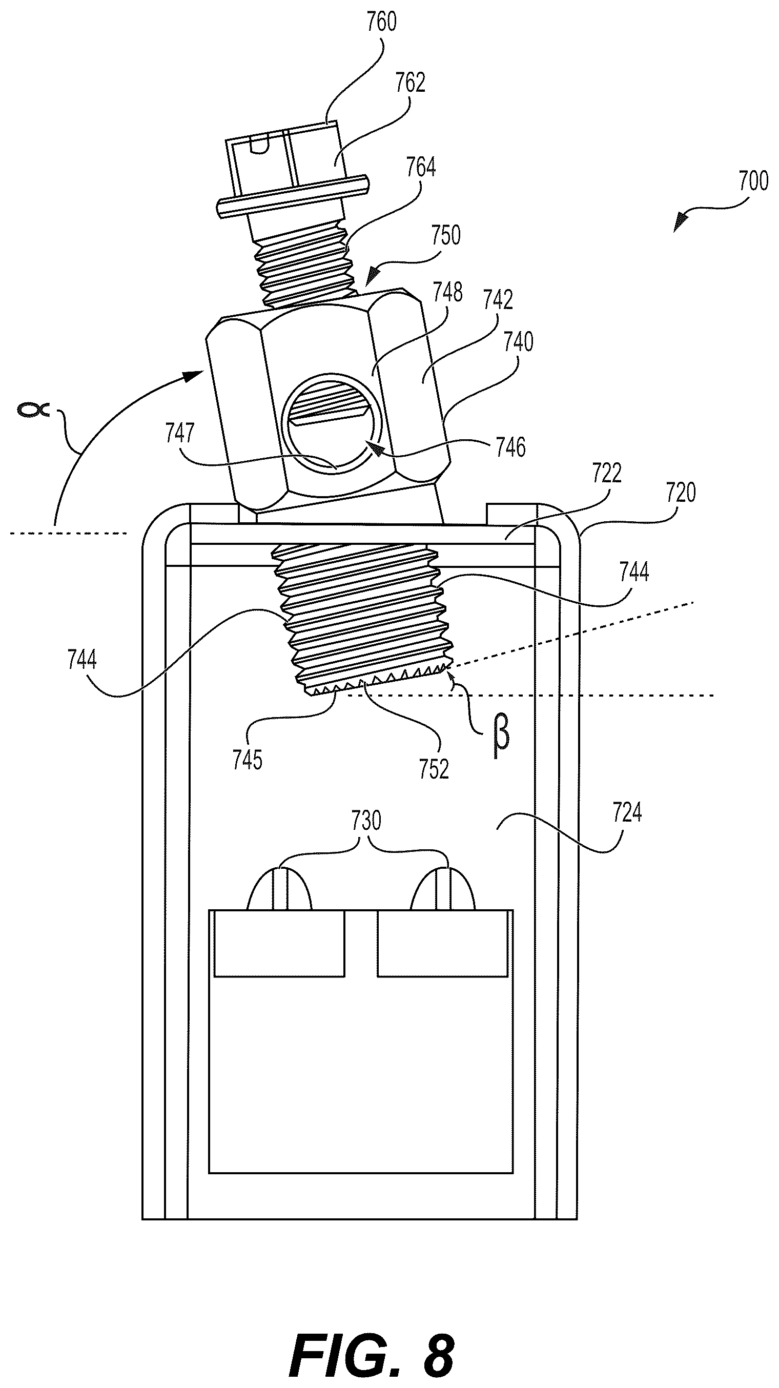 Patent US12401141 Figure 8 – Meter box ground clamp configured to prevent the clamp from moving off the meter box in response to a tightening torque