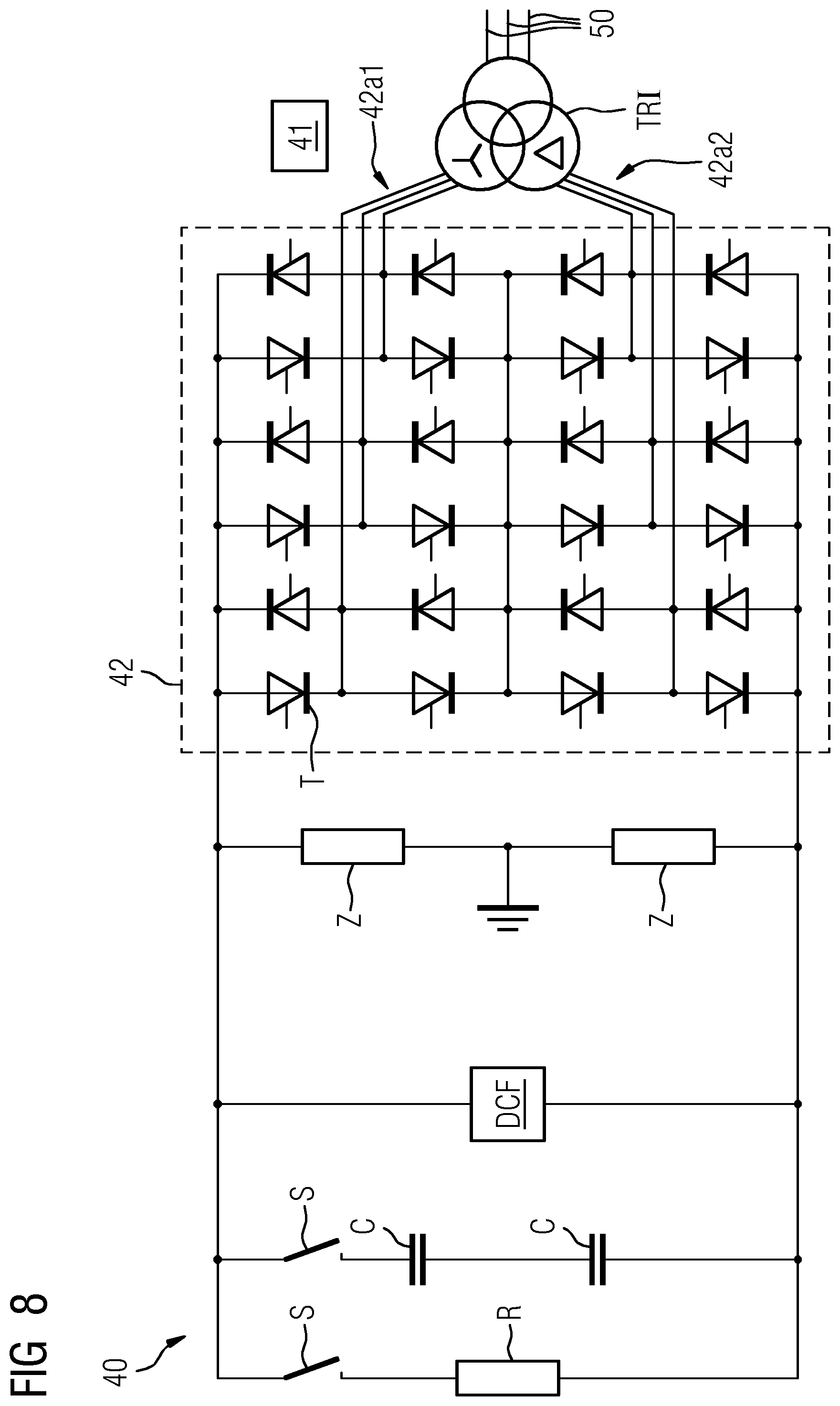 Patent US12401198 Figure 8 – Arrangement having a DC transmission link or DC transmission grid and method for the operation thereof