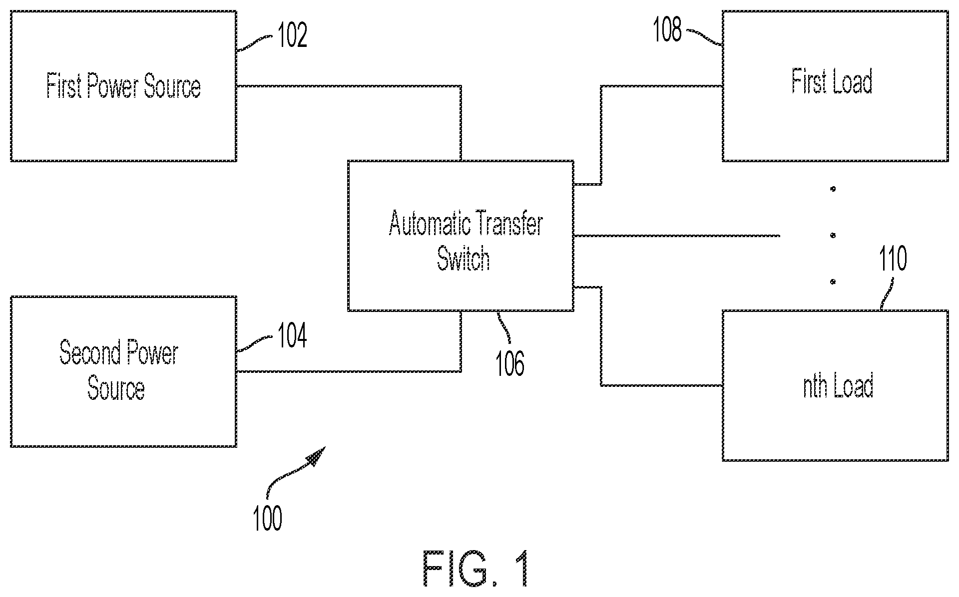 Patent US12401221 Figure 1 – Multiphase-to-single-phase automatic transfer switch