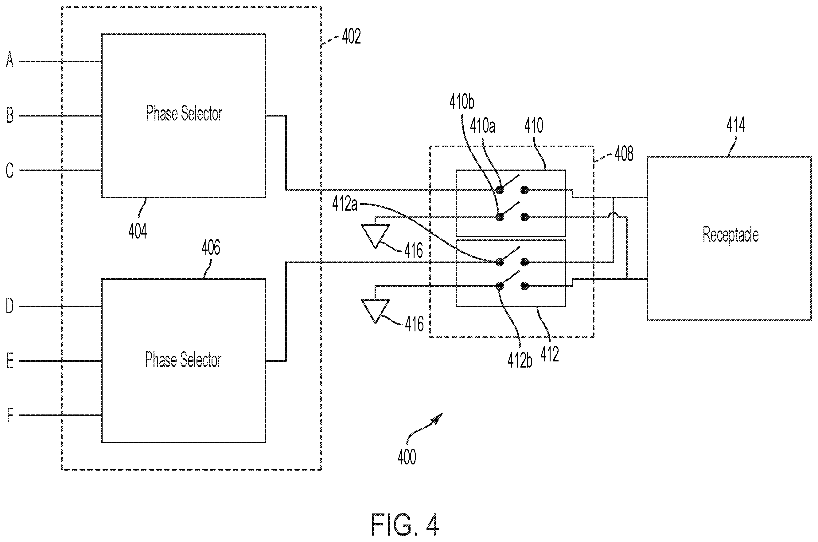 Patent US12401221 Figure 4 – Multiphase-to-single-phase automatic transfer switch