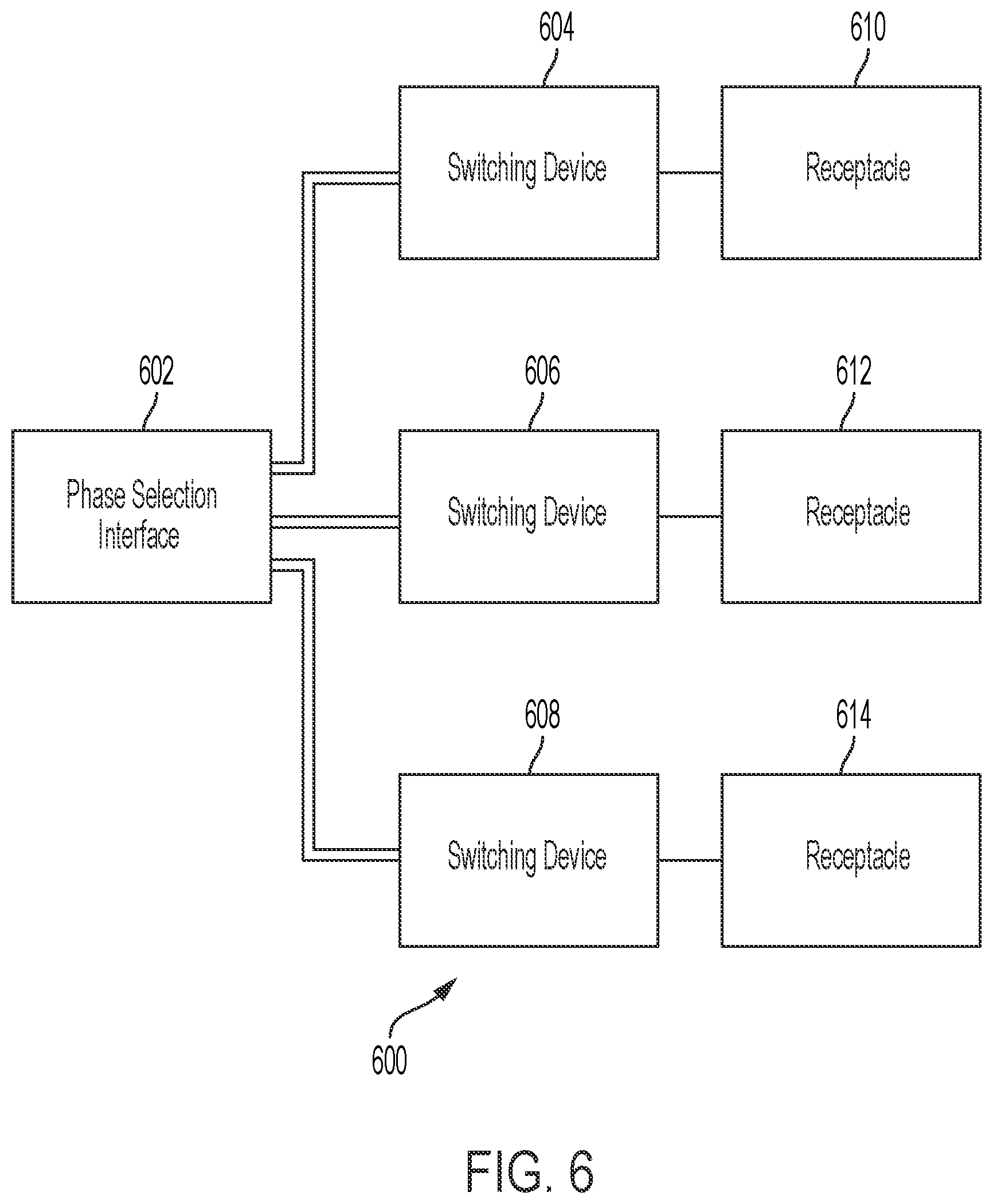 Patent US12401221 Figure 6 – Multiphase-to-single-phase automatic transfer switch