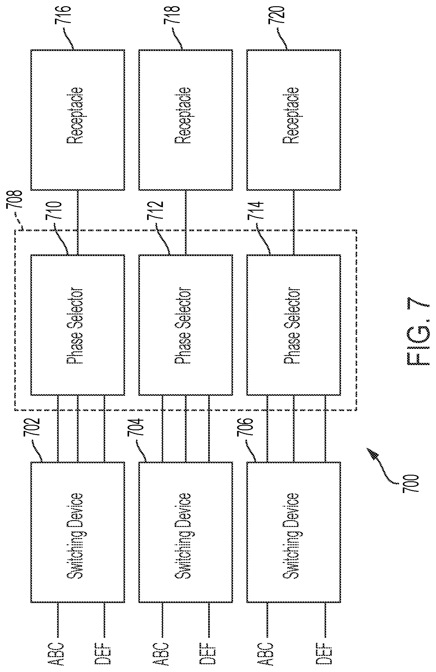Patent US12401221 Figure 7 – Multiphase-to-single-phase automatic transfer switch