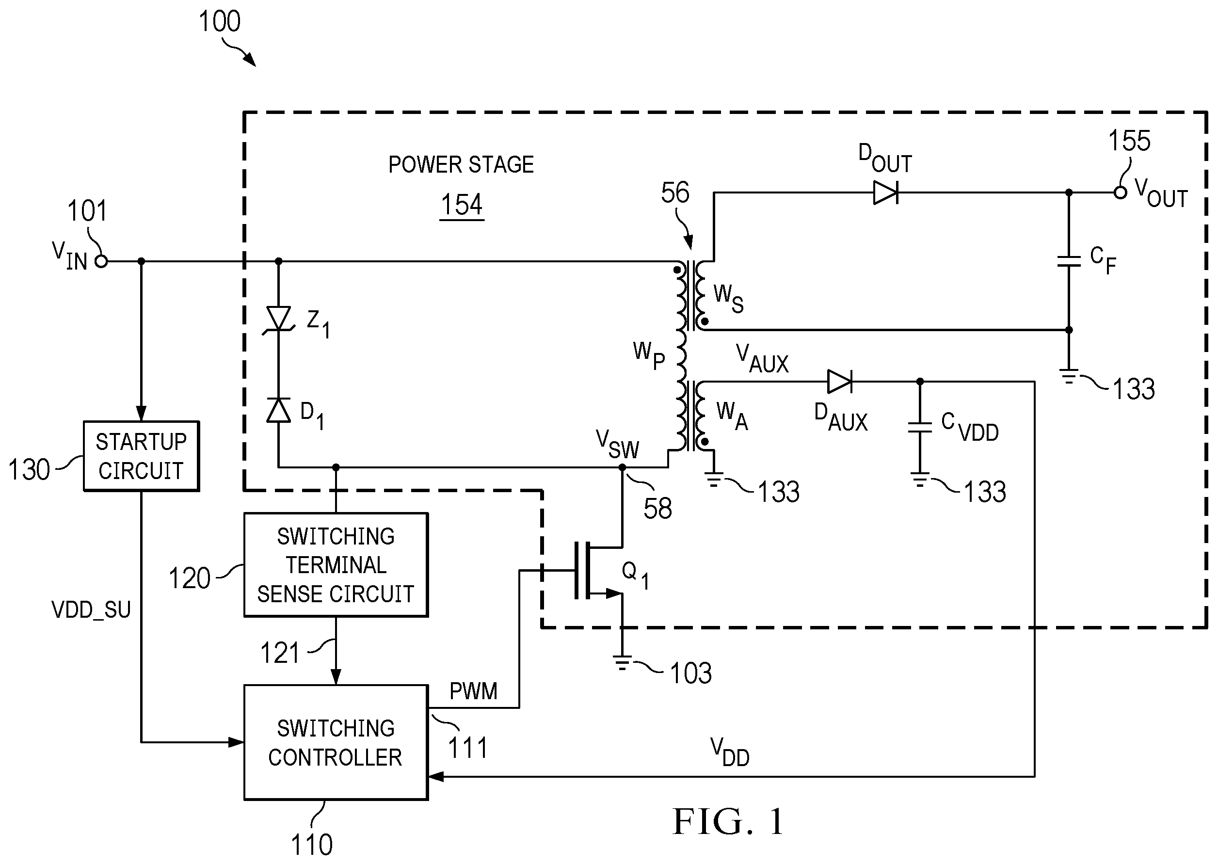 Patent US12401286 — Startup circuit for a flyback converter — Figure 1
