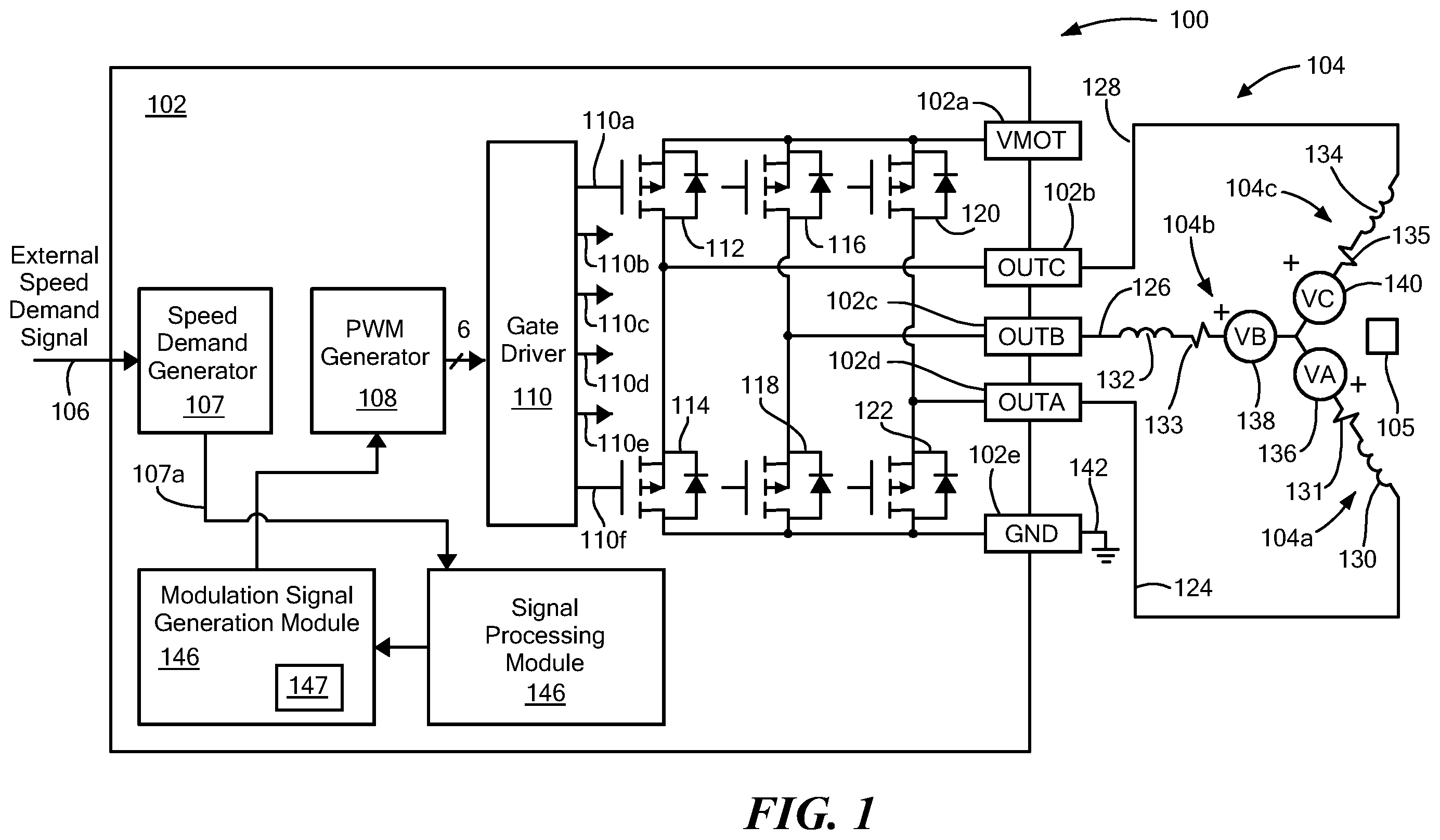 Patent US12401309 Figure 1 – Three-phase motor current measurement