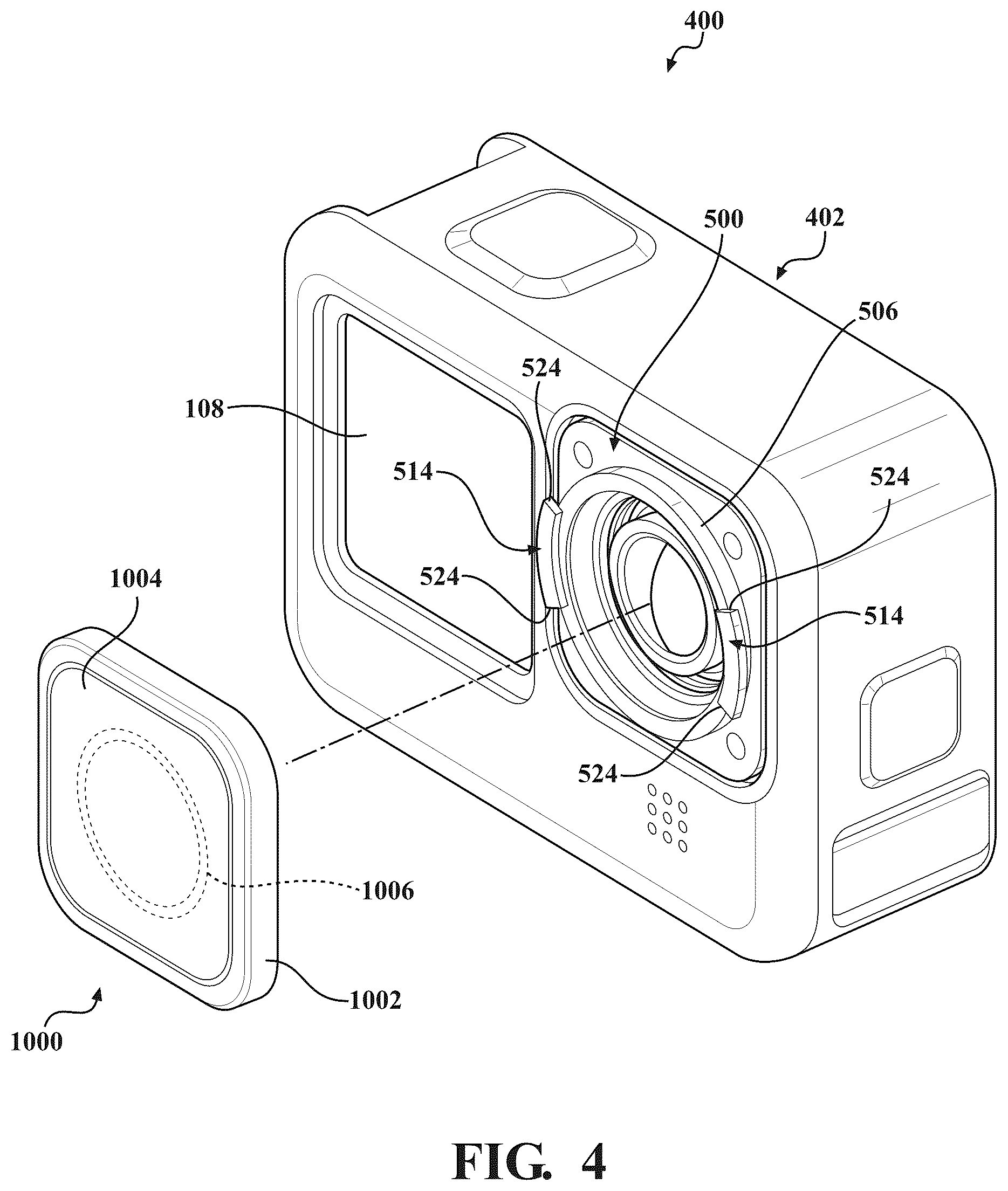 Patent US12401872 Figure 4 – Mounting structure for an integrated sensor-lens assembly in an image capture device