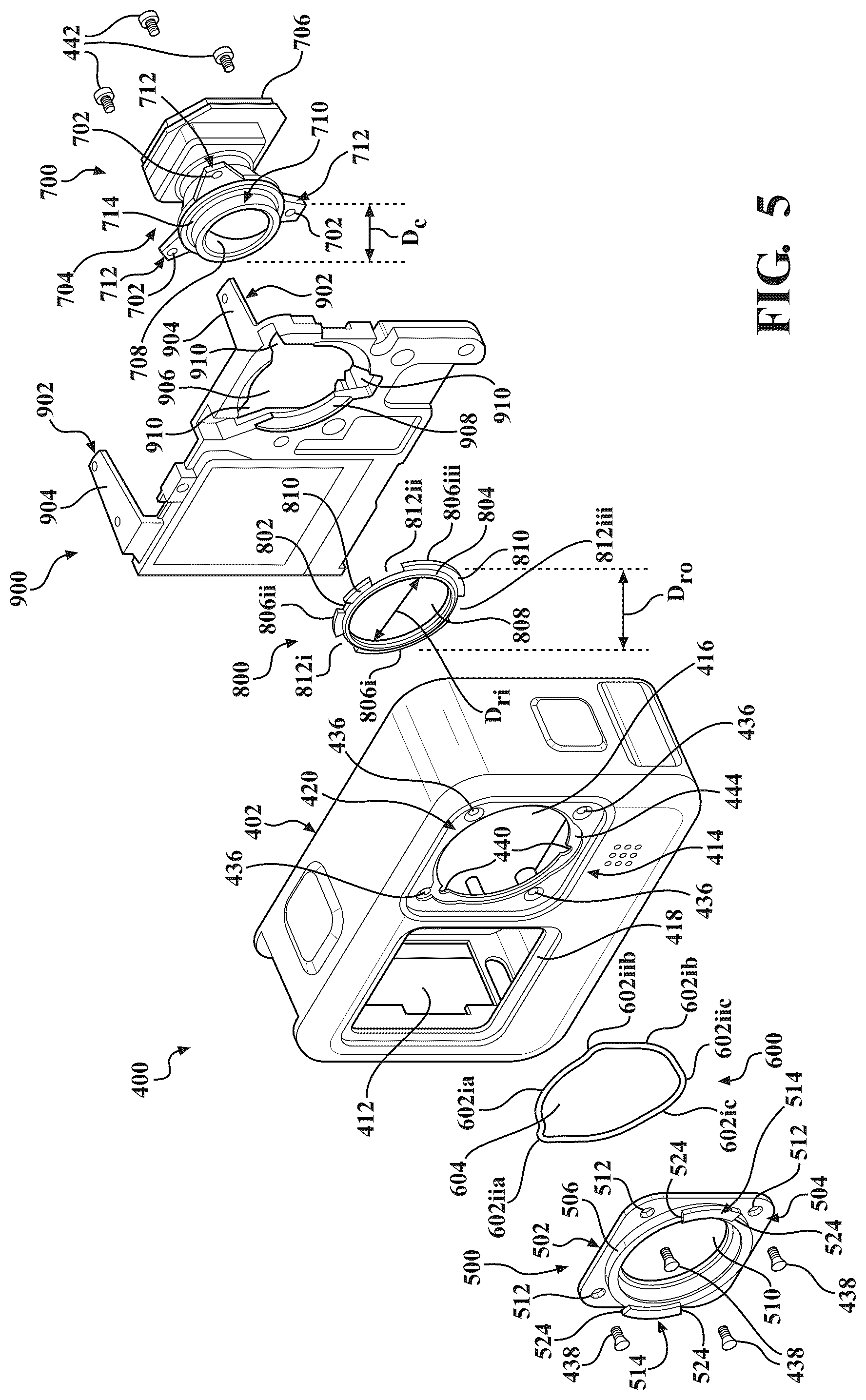 Patent US12401872 Figure 5 – Mounting structure for an integrated sensor-lens assembly in an image capture device
