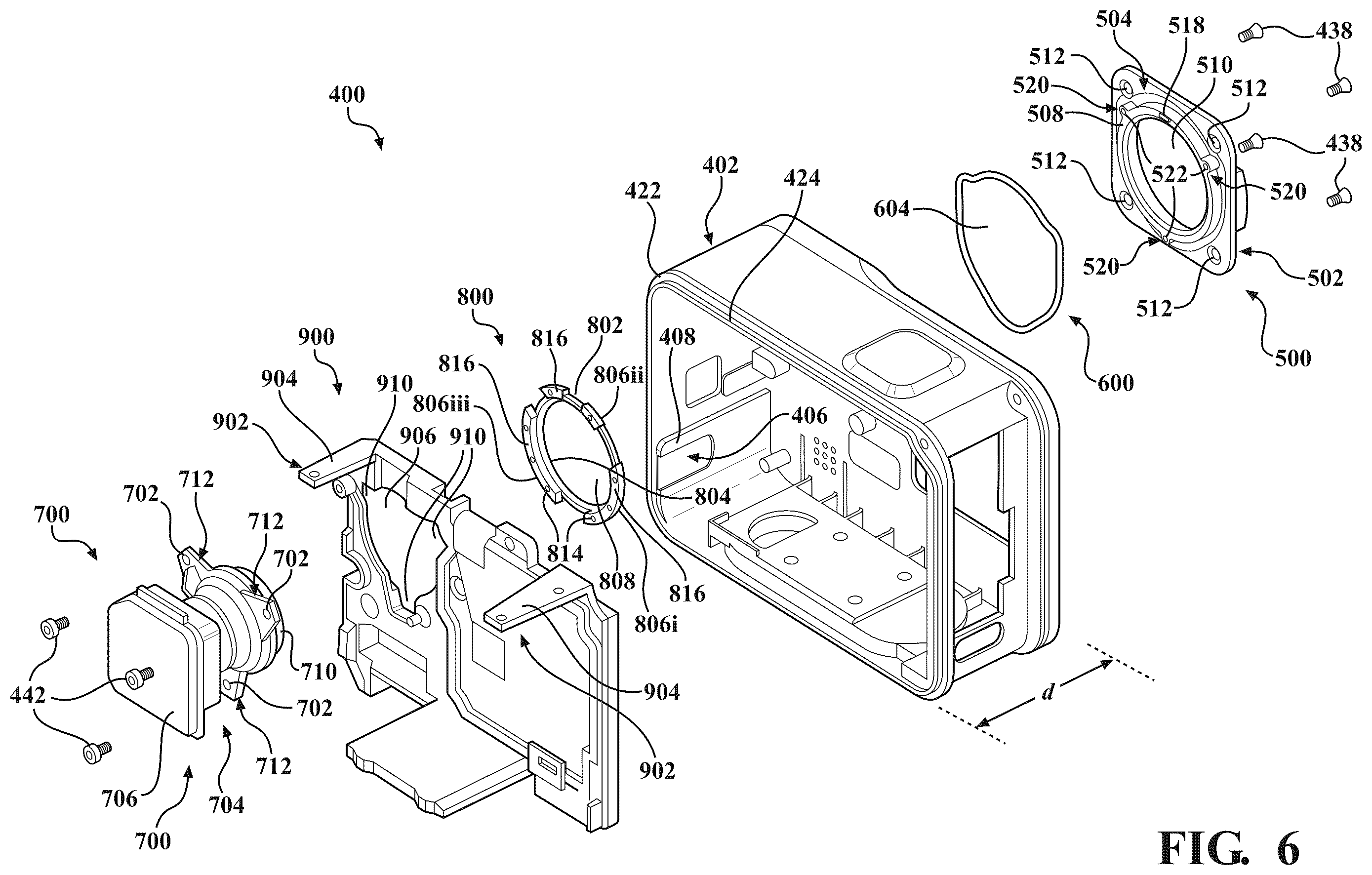 Patent US12401872 Figure 6 – Mounting structure for an integrated sensor-lens assembly in an image capture device