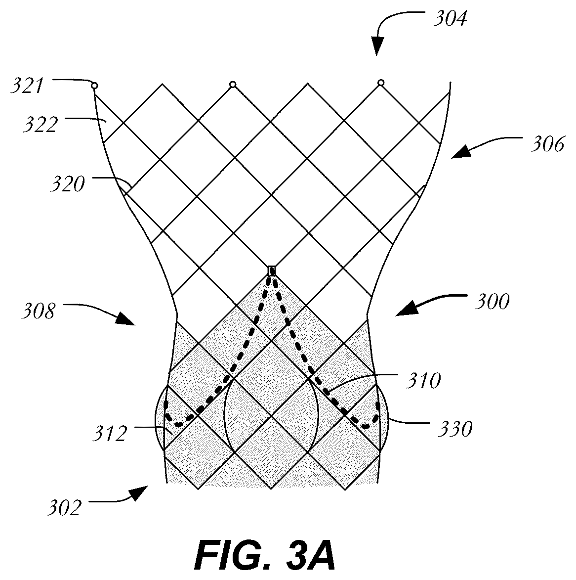 Patent US12403005 Figure 3 – Bowed runners and corresponding valve assemblies for paravalvular leak protection
