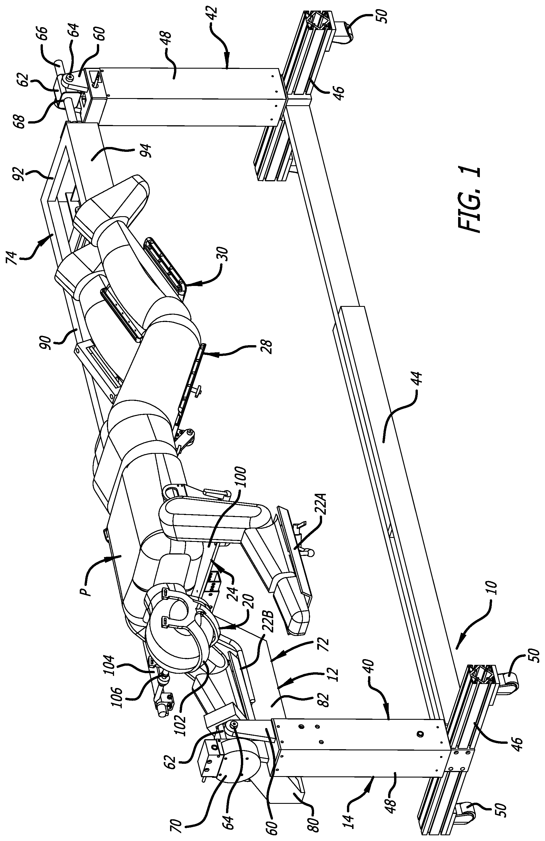 Patent US12403058 Figure 1 – Reconfigurable upper leg support for a surgical frame