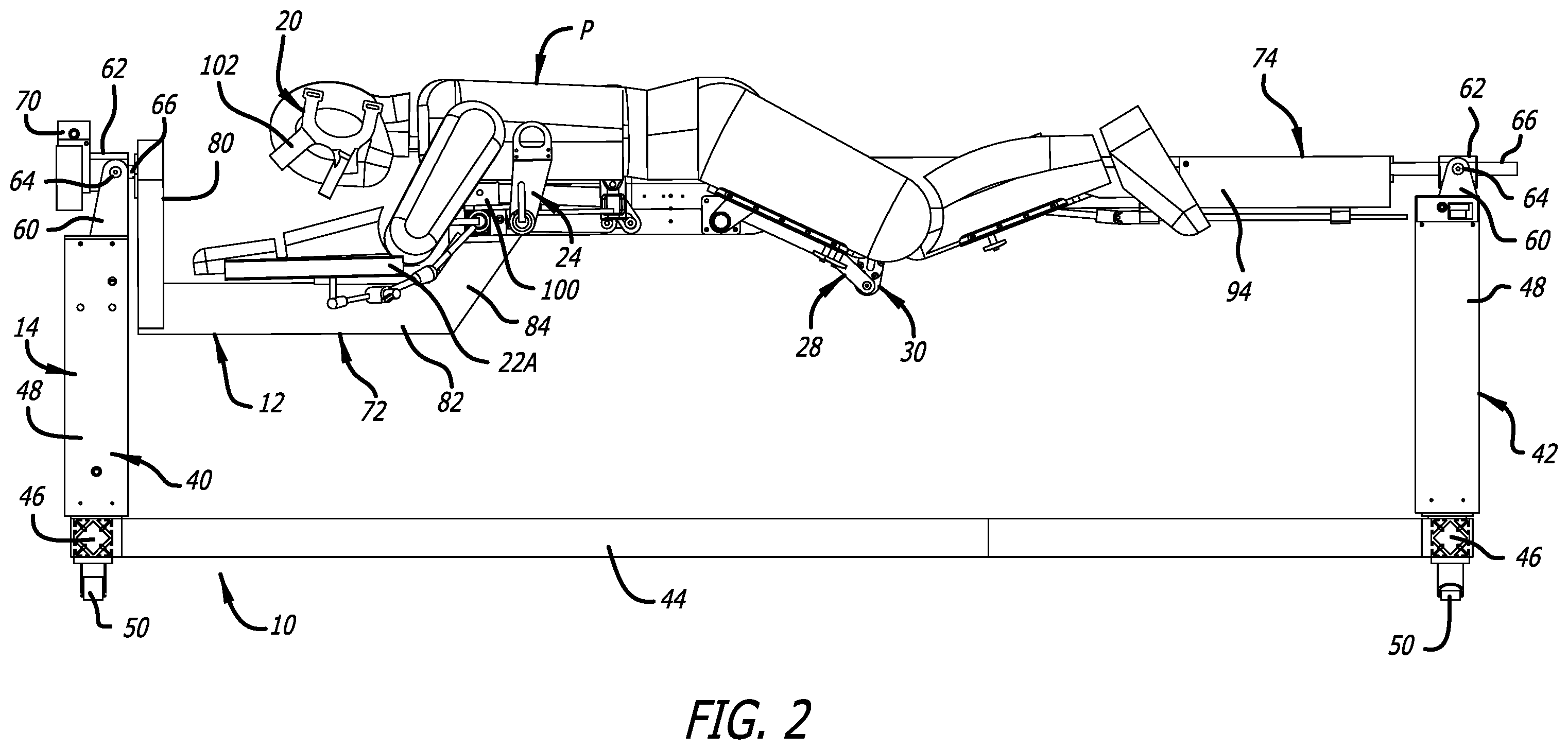 Patent US12403058 Figure 2 – Reconfigurable upper leg support for a surgical frame