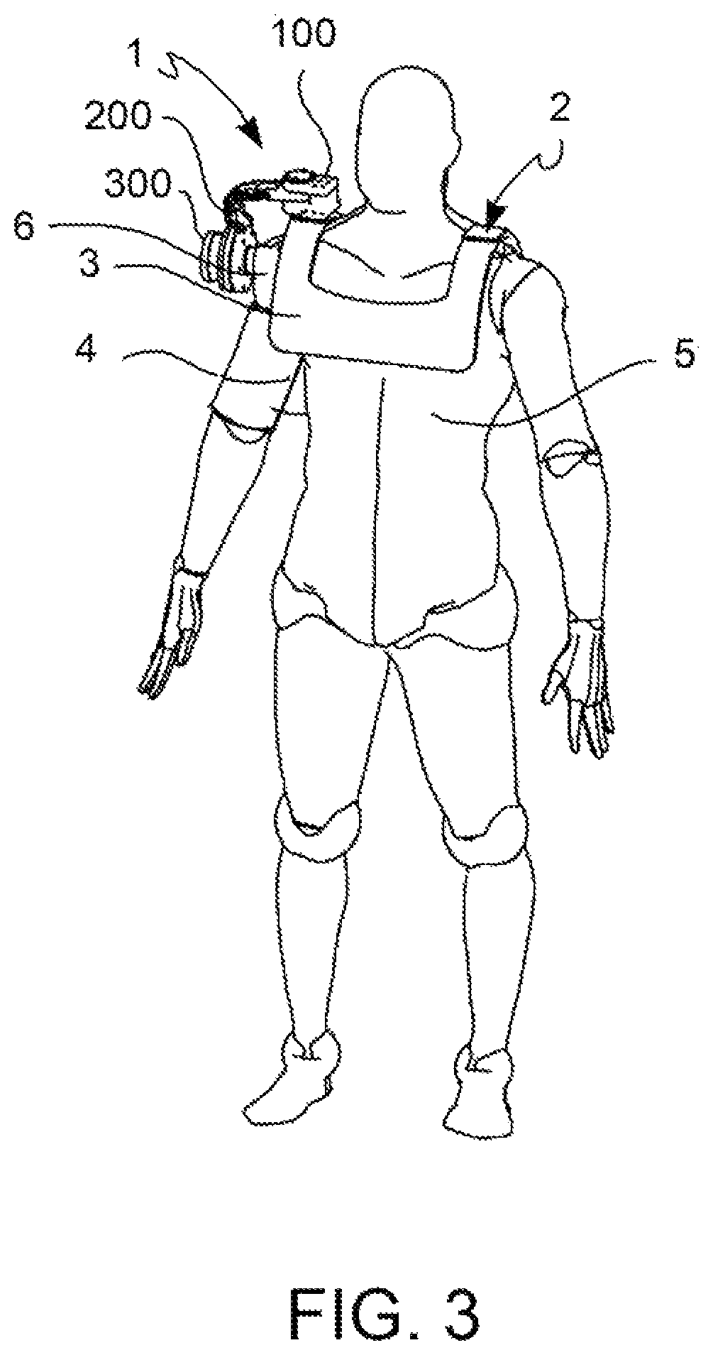 Patent US12403060 Figure 3 – Apparatus capable of actuating a distal joint and transferring the constraining reactions in an underactuated shoulder exoskeleton