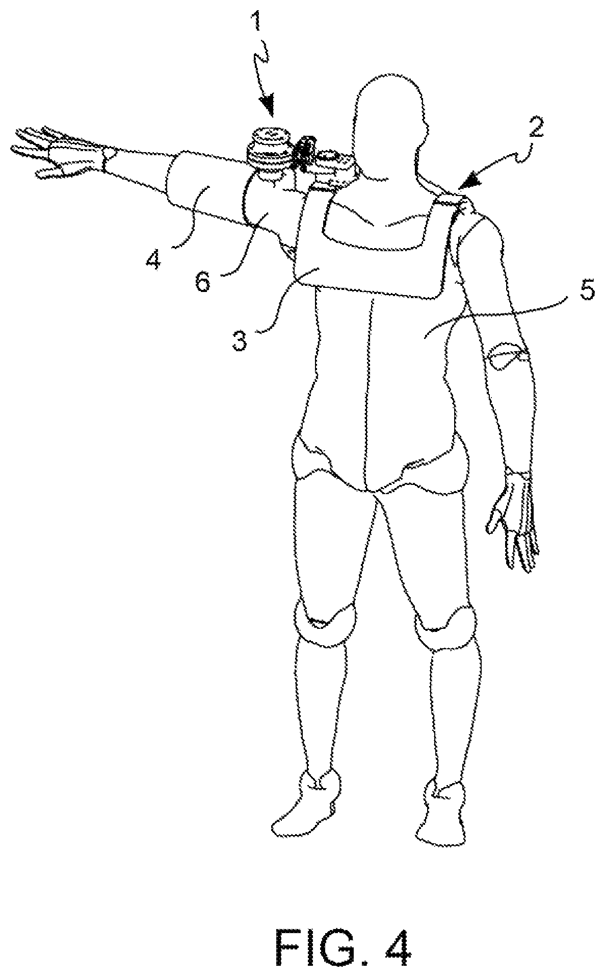 Patent US12403060 Figure 4 – Apparatus capable of actuating a distal joint and transferring the constraining reactions in an underactuated shoulder exoskeleton