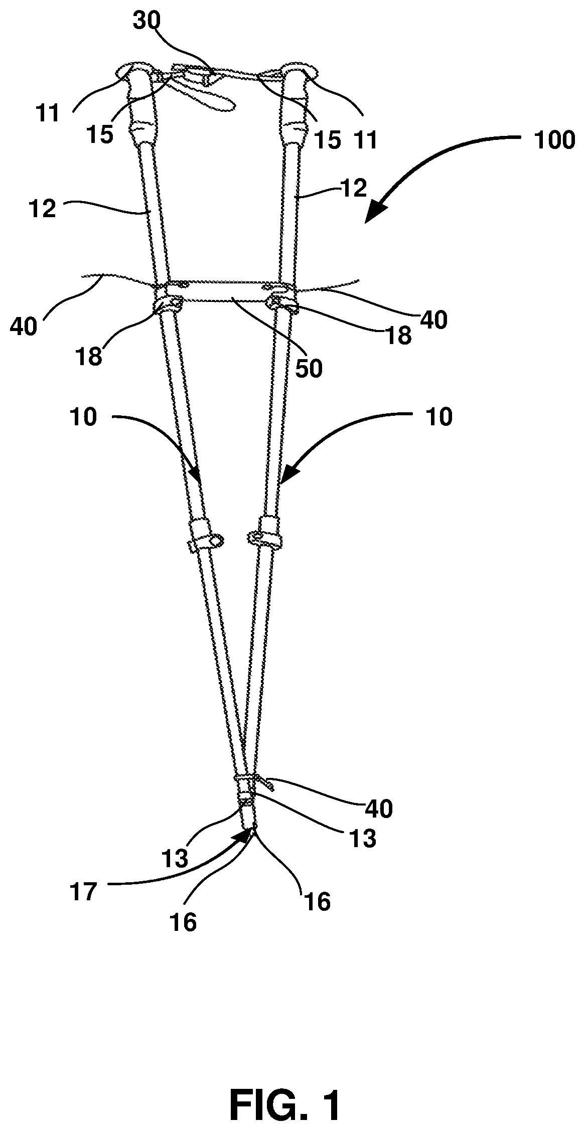 Patent US12403062 Figure 1 – Crutch assembly constructed using a pair of hiking poles