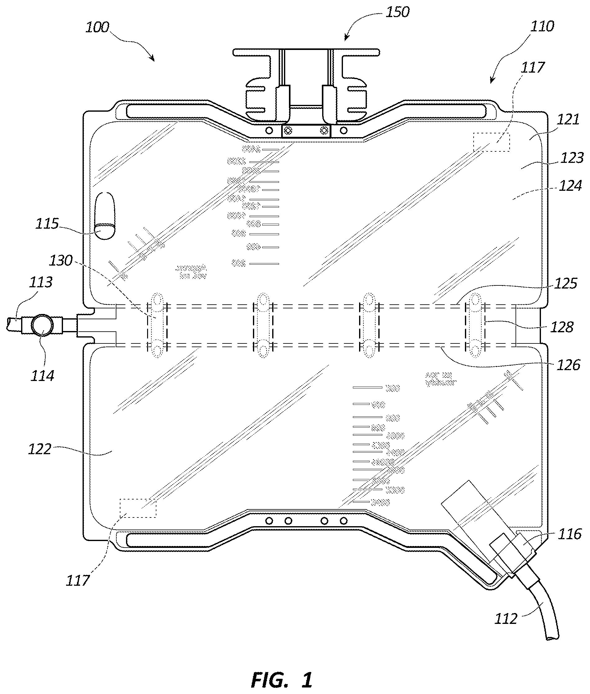 Patent US12403233 Figure 1 – Dual drainage bag, assemblies, and related methods