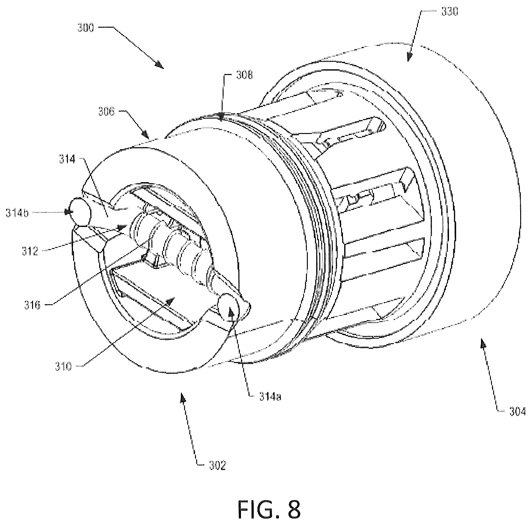 Patent US12403273 Figure 8 – Aerosol delivery device with a reservoir housing and a vaporizer assembly