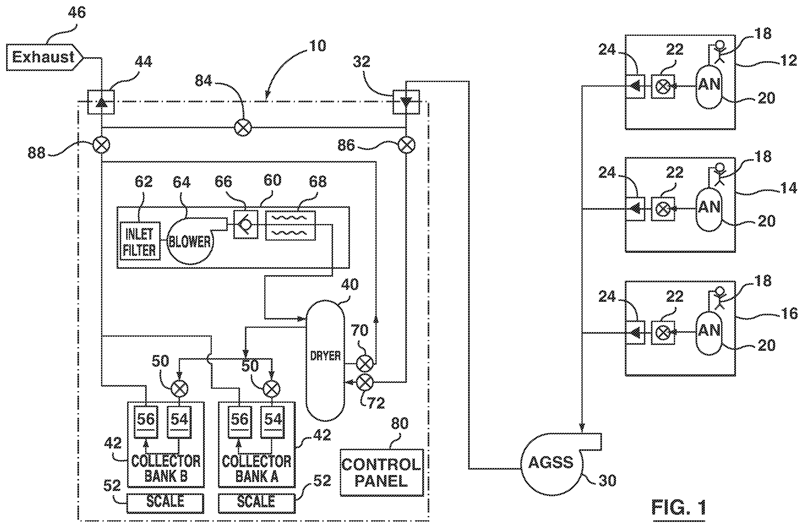 Patent US12403280 Figure 1 – Apparatus, systems and method for collecting and reclaiming anaesthetic agents and for removing nitrous oxide from exhaust gases